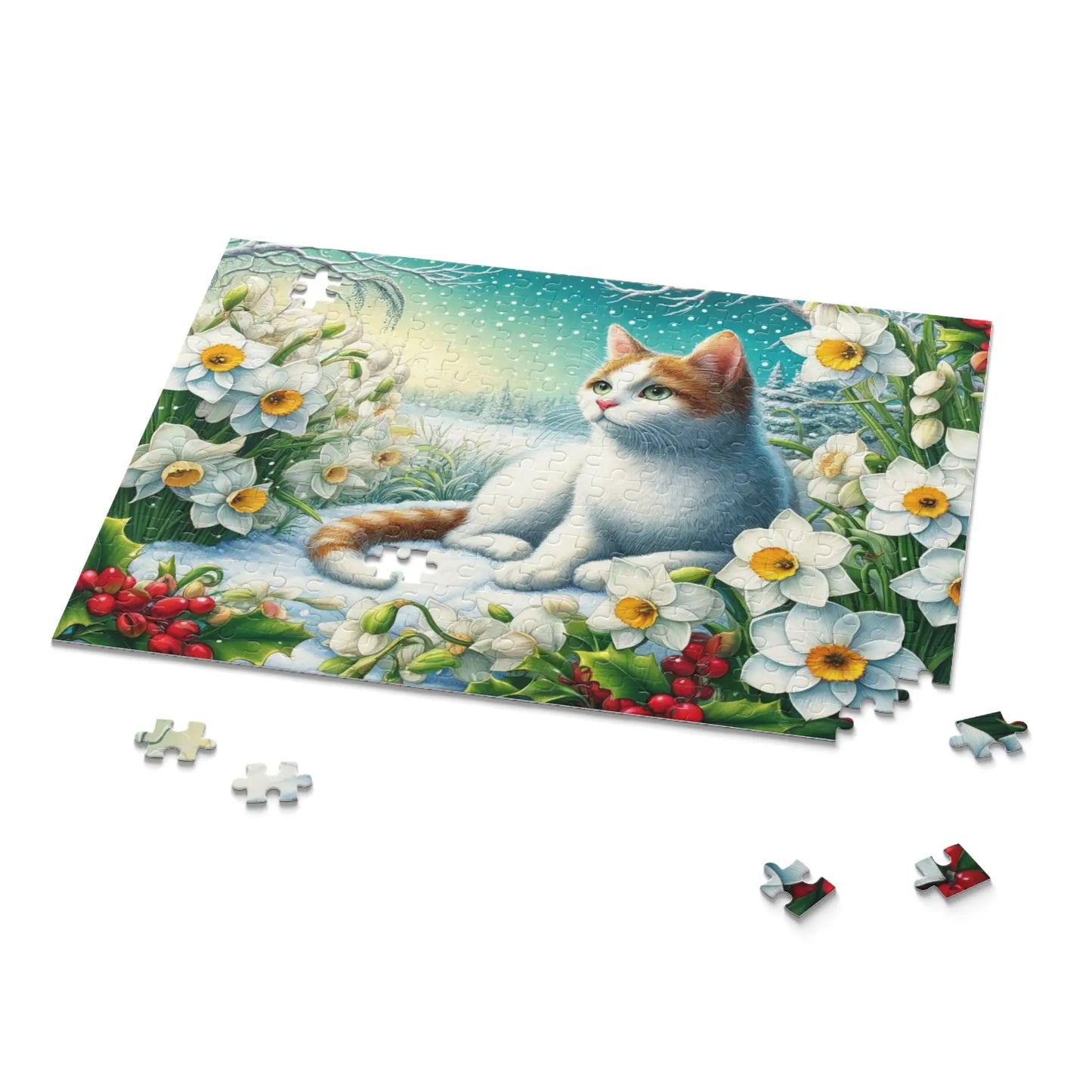 December Birth Flower Puzzle - Holly and Narcissus - Cat Lover Gift -120-piece- 252-piece- or 500-piece - Montecore PawPrints