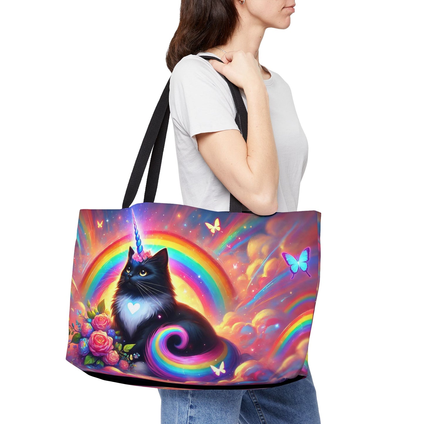 Pink Dreams Caticorn - Cat Unicorn Rainbow - Weekender Tote Bag   