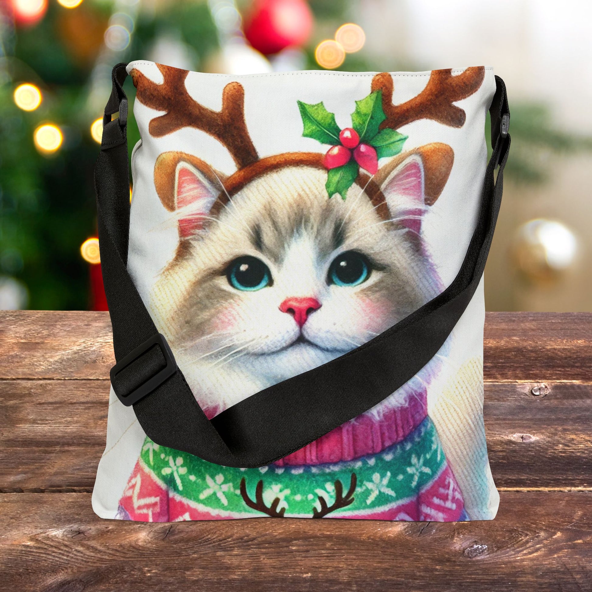 Cat Reindeer - Christmas Sweater - Adjustable Strap Tote Bag   