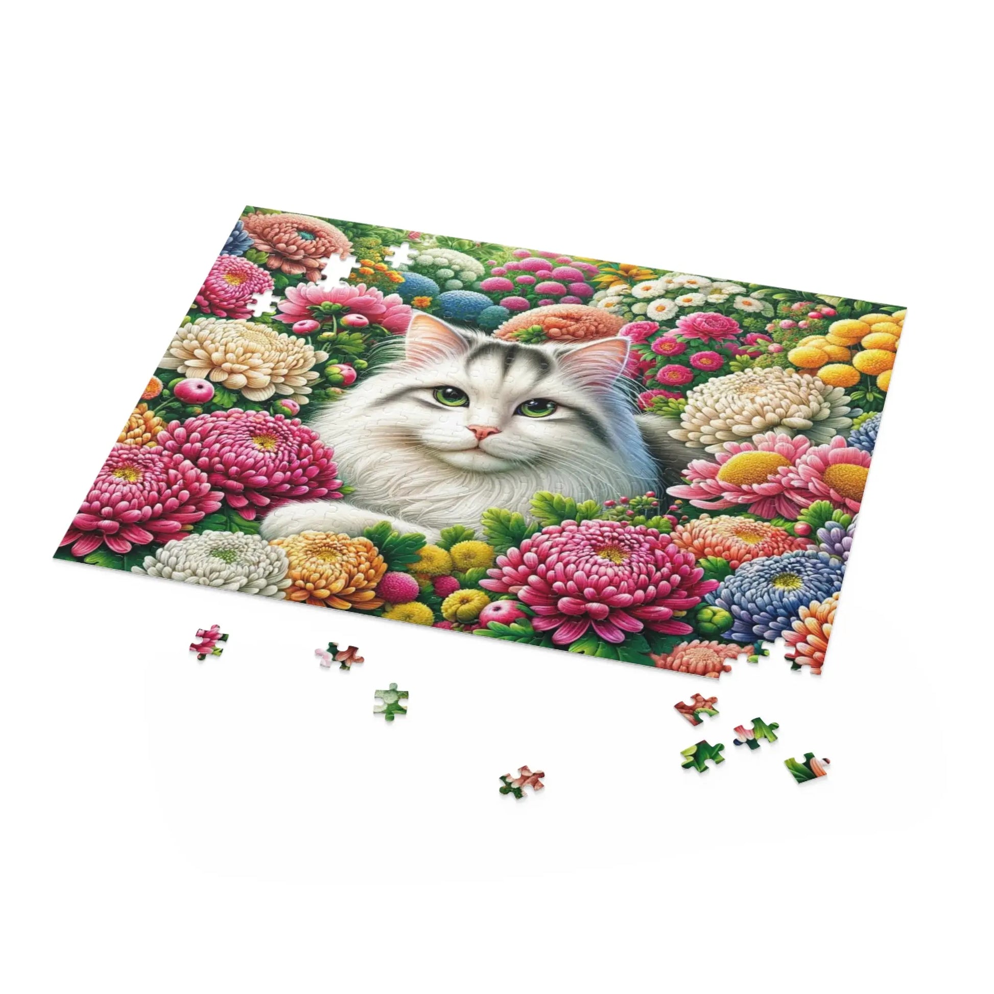 November Birthday Flower Puzzle - Chrysanthemum and Peony - Cat Lover Gift -120-piece- 252-piece- or 500-piece - Montecore PawPrints