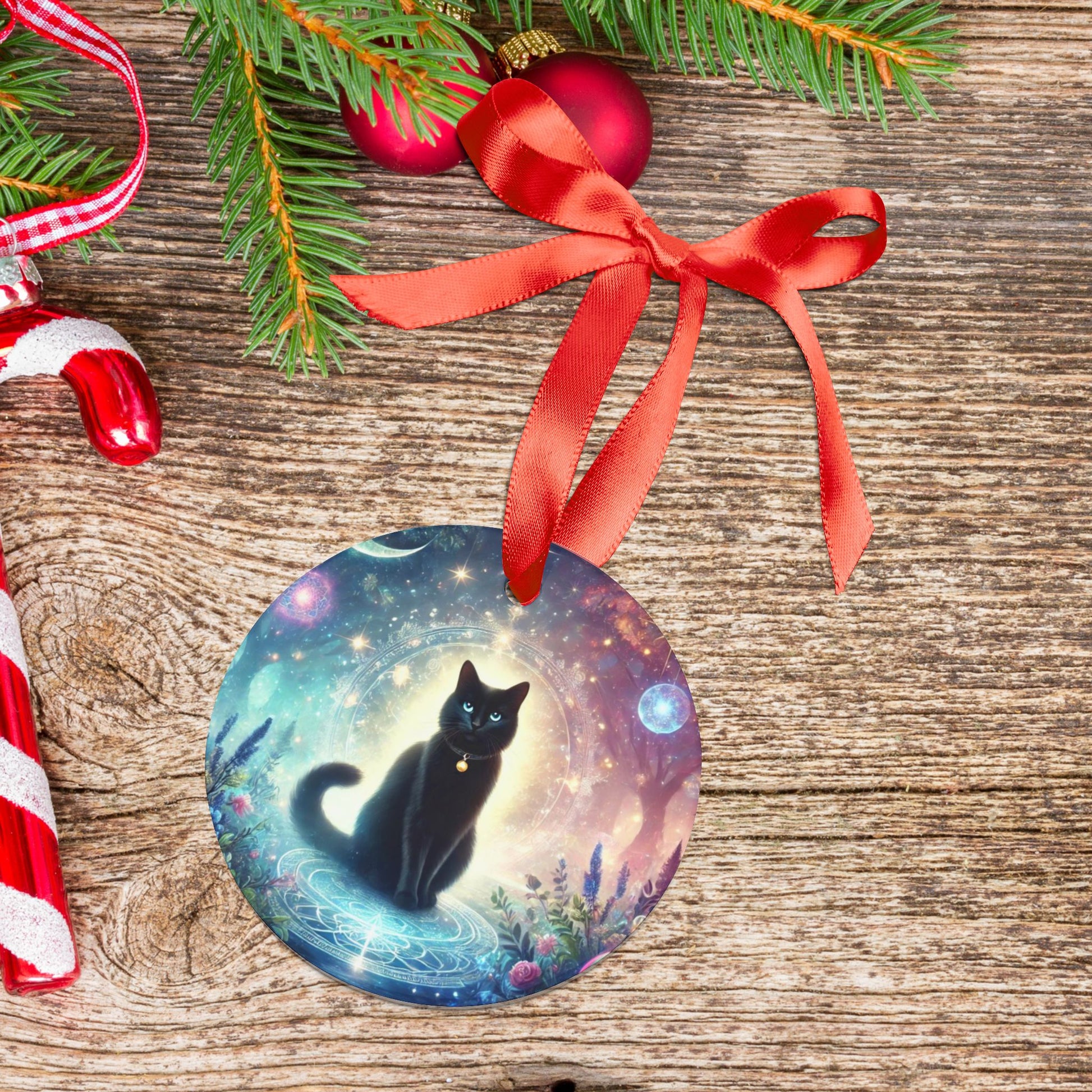 Black Cat - Cosmic Acrylic Ornament with Ribbon   