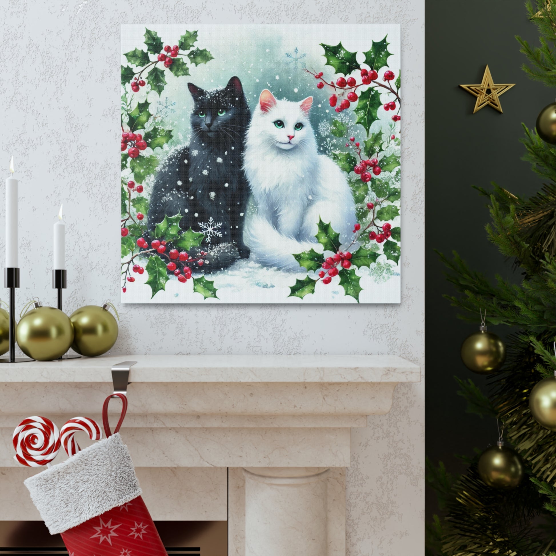 Winter Holly Hugs -  Cat Lover - Holiday Decor - Canvas Gallery Wraps   