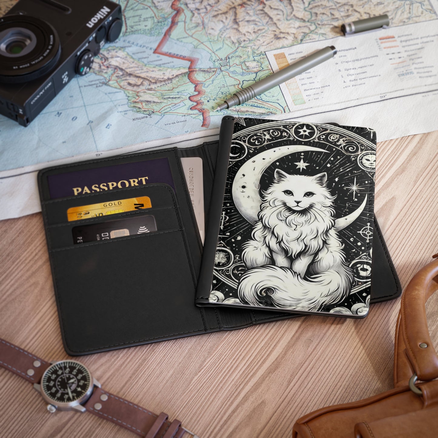 Celestial Crescent Moon White Cat - Passport Cover - Travel Wallet   