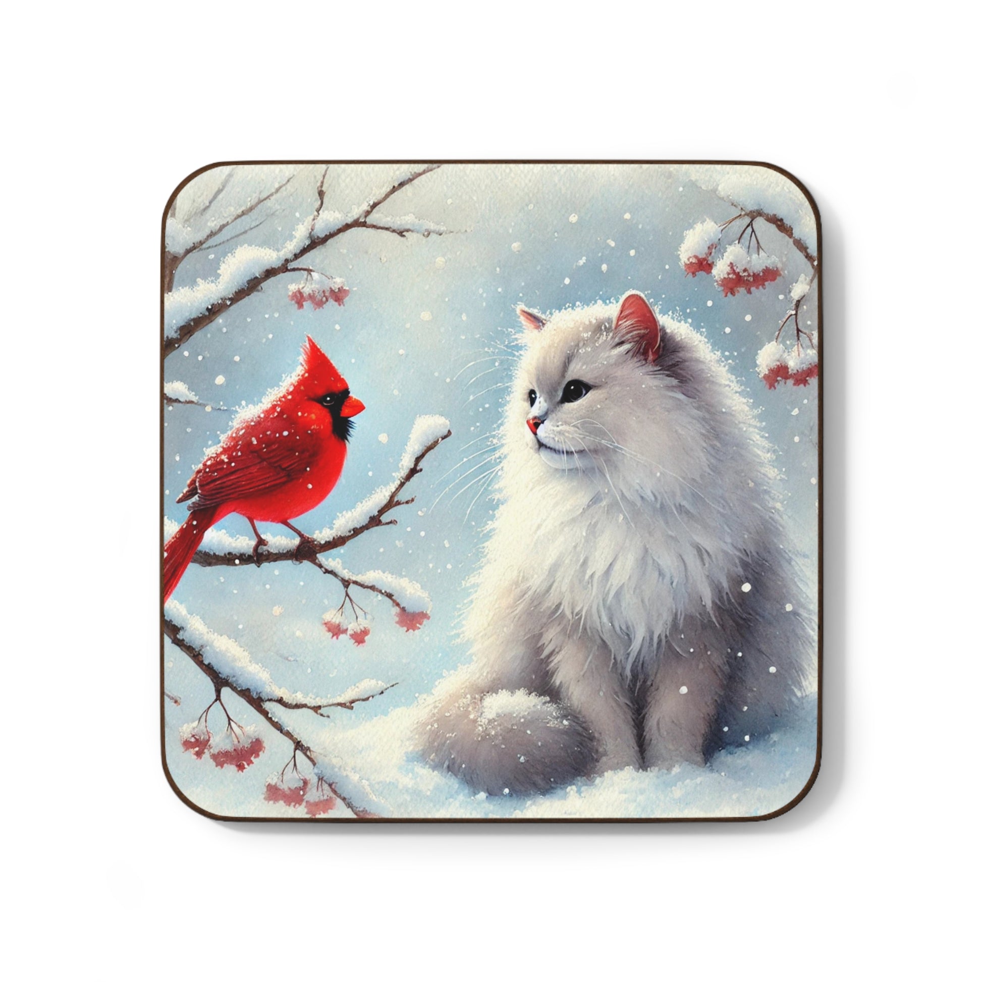 Winter Cardinal - Cat lover - Hardboard Back Coaster   