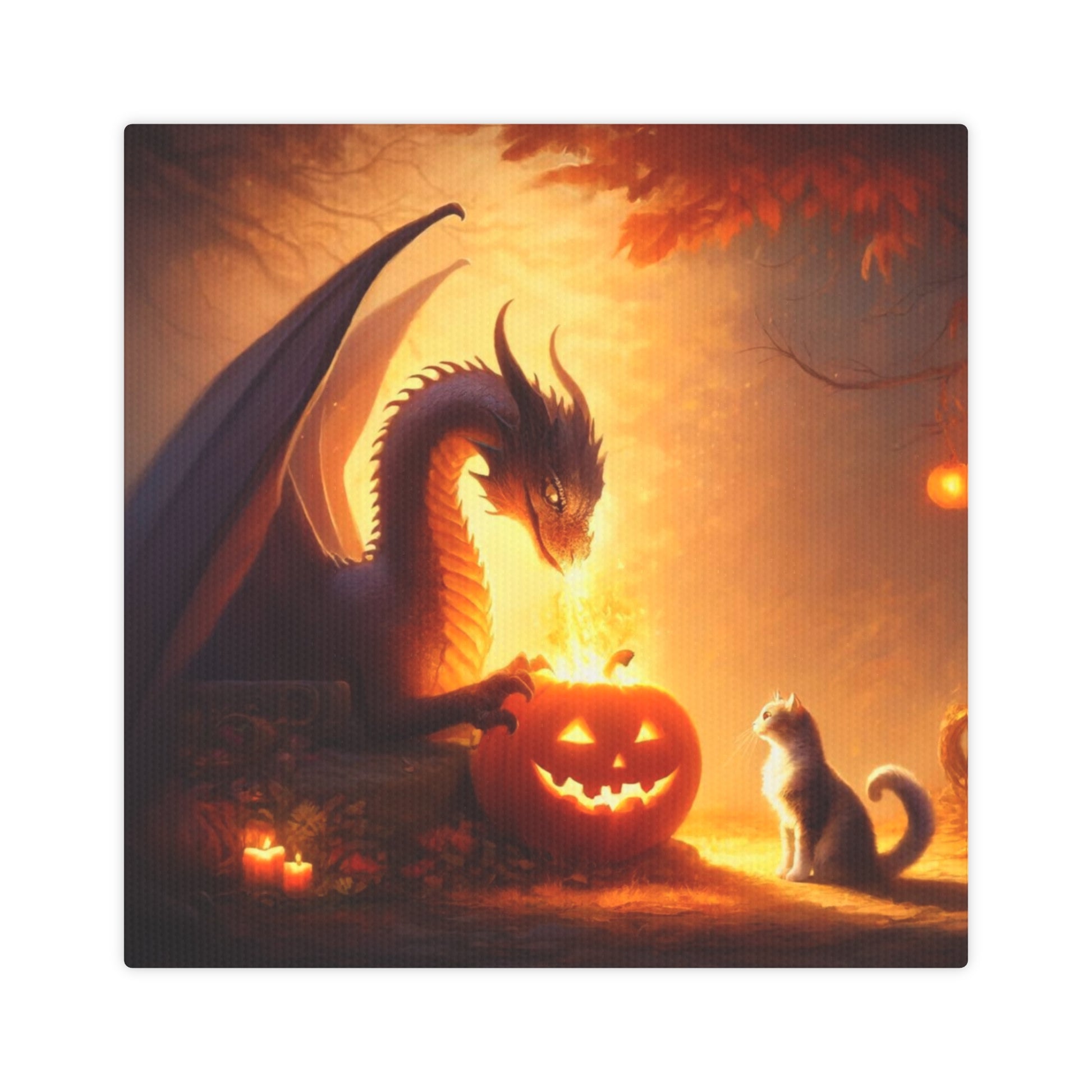 Dragon Jack-O-Lantern Lighting - Cat Lover Halloween - Wall Art Decor 8x8   