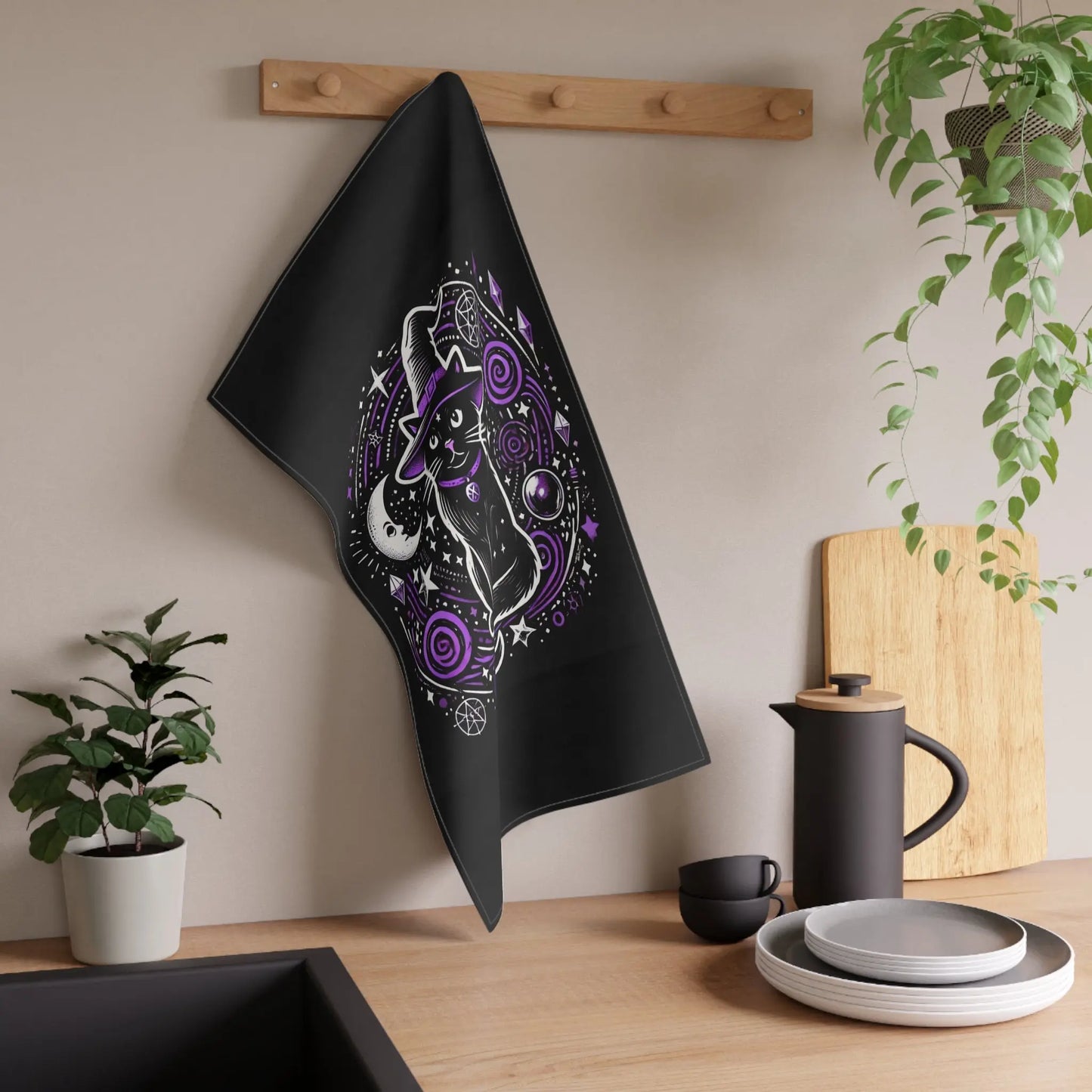 Cat Witch - Purple and Black - Halloween Kitchen Towel   