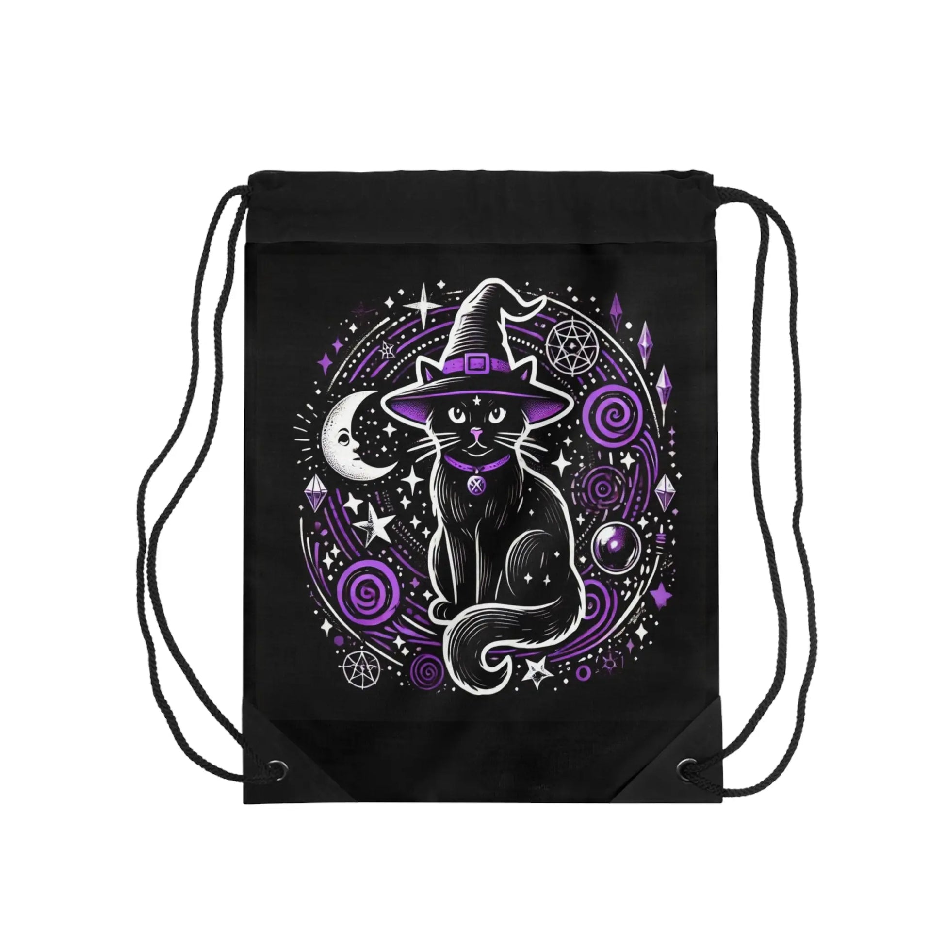 Witch Cat - Purple and Black - Halloween Drawstring Bag   