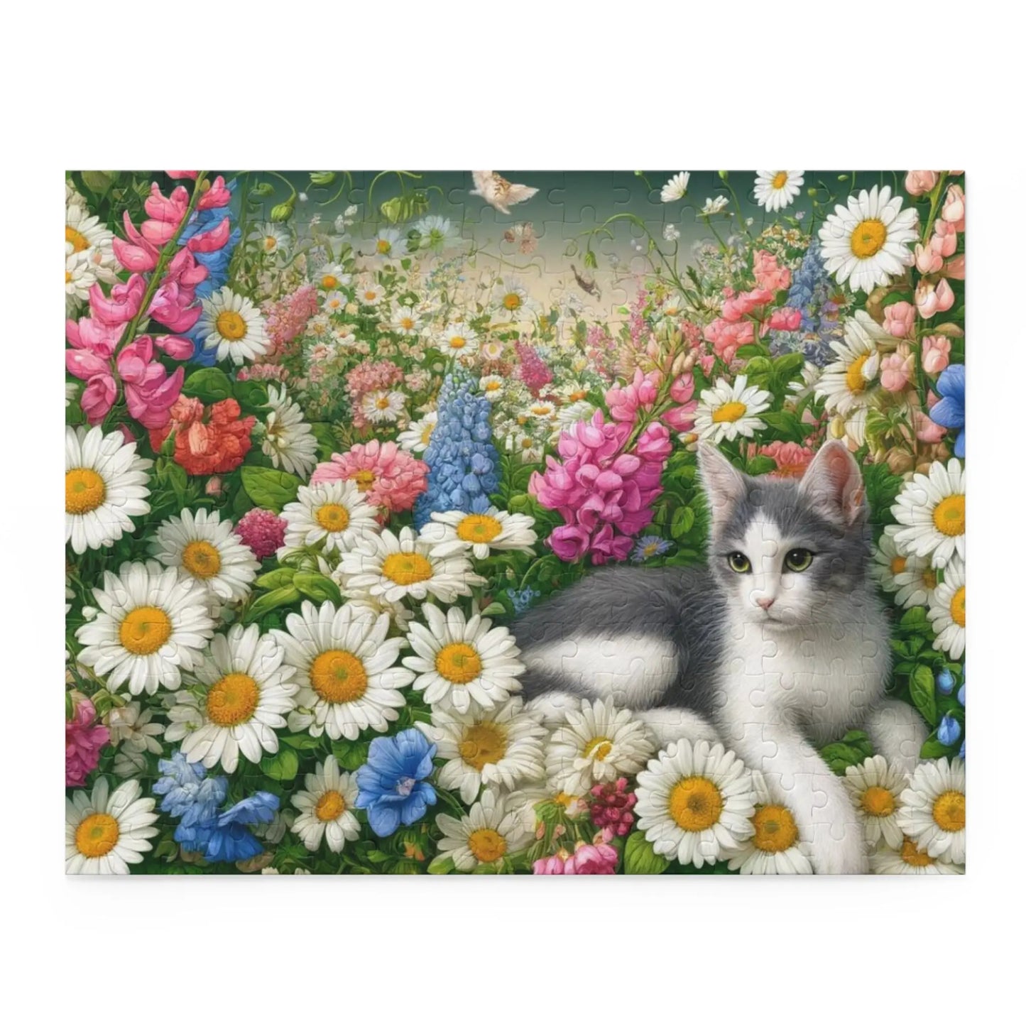 April Birth Flower Puzzle - Daisy & Sweet Pea - Cat Lover Gift - 120- 252- or 500-Piece - Montecore PawPrints