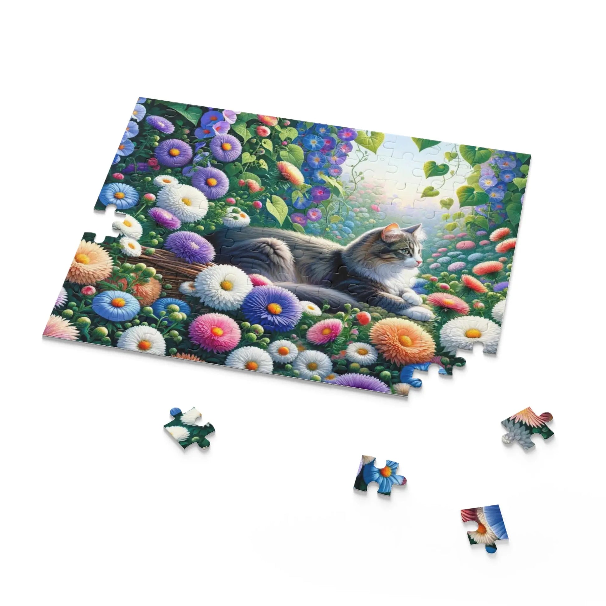 September Birth Flower Puzzle - Asters and Morning Glories - Cat Lover Gift -120-piece- 252-piece- or 500-piece - Montecore PawPrints