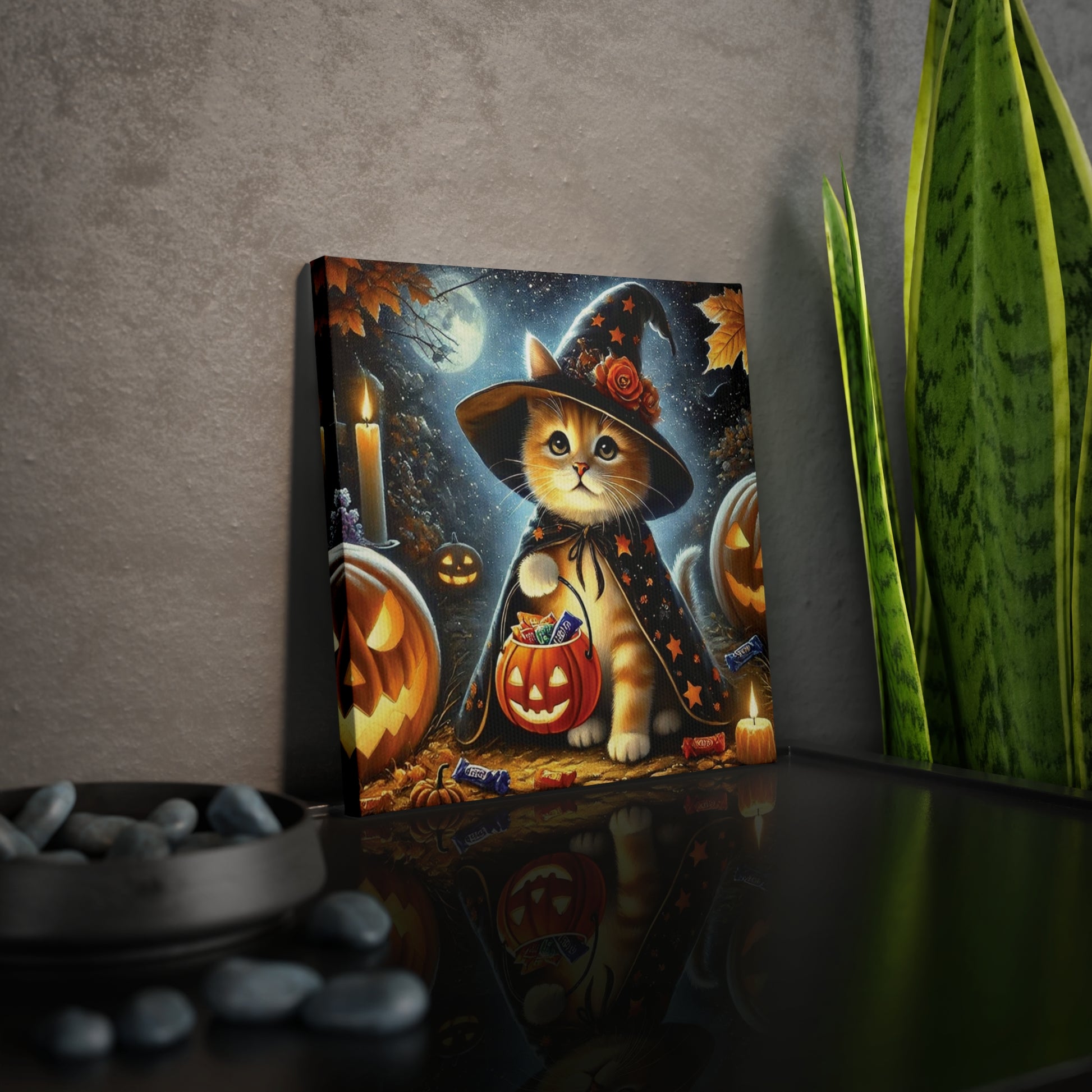 Halloween Decoration -  Orange Cat Witch Trick or Treating - Wall Art Decor 8x8   