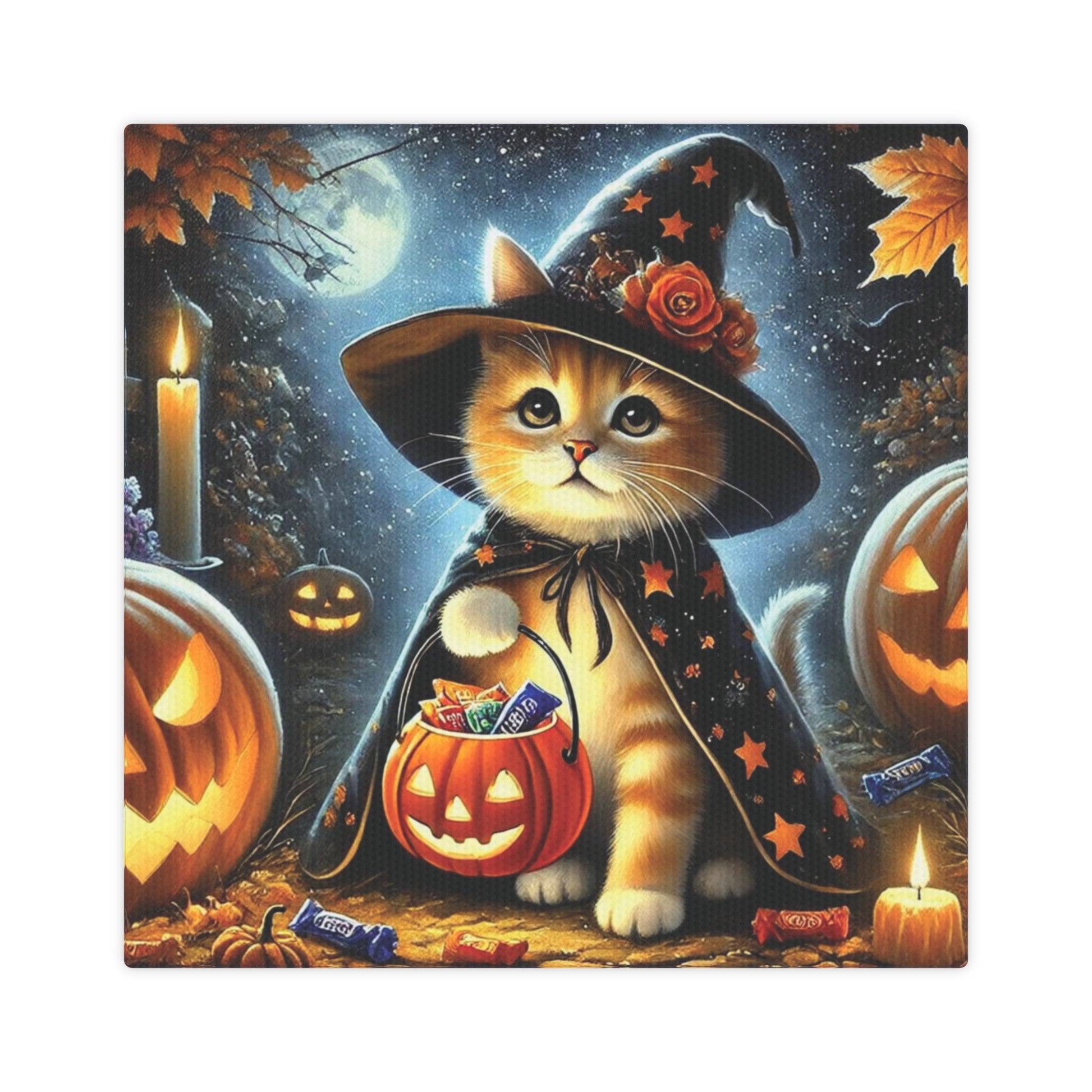 Halloween Decoration -  Orange Cat Witch Trick or Treating - Wall Art Decor 8x8   