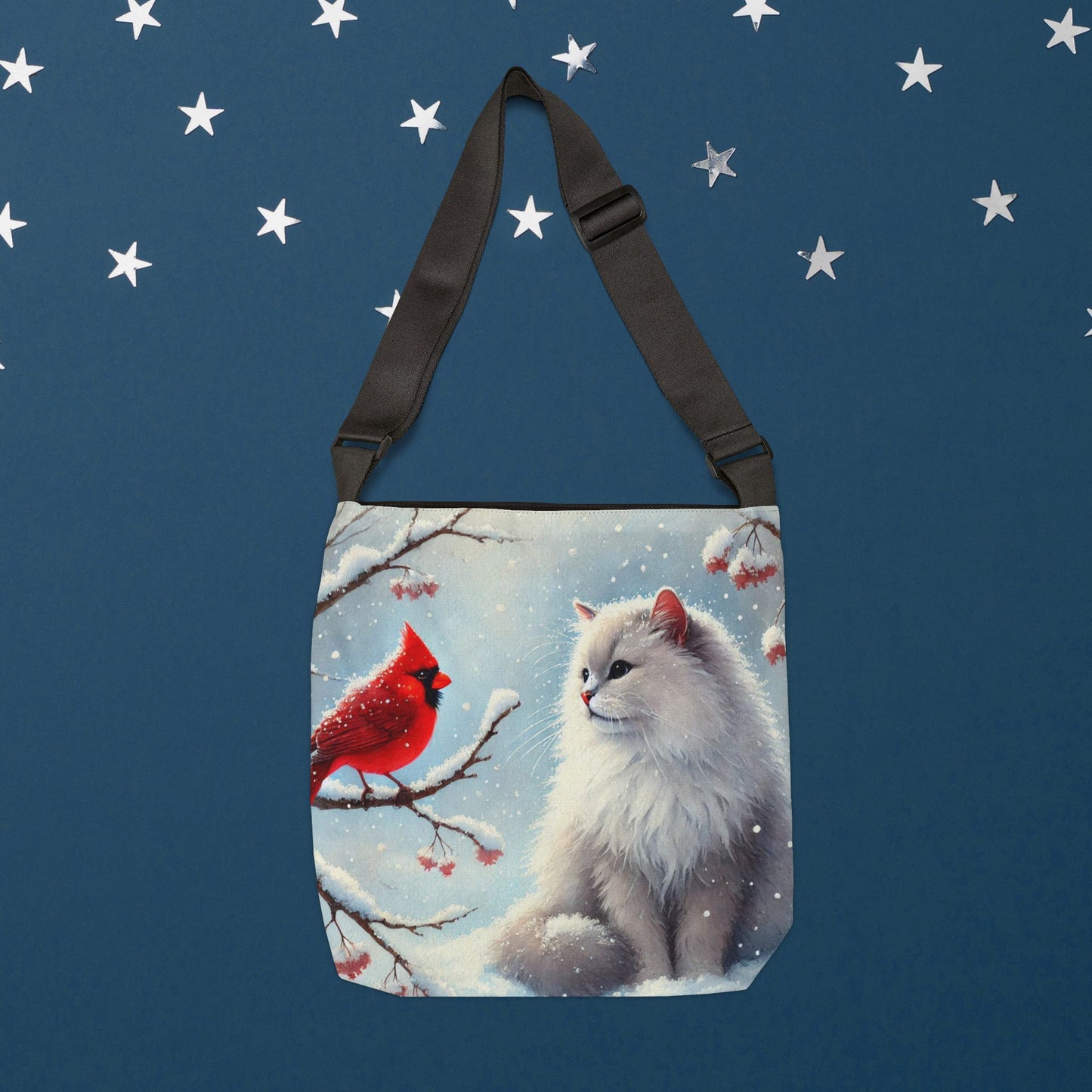 Winter Cardinal - Cat Lover - Adjustable Strap Tote Bag   