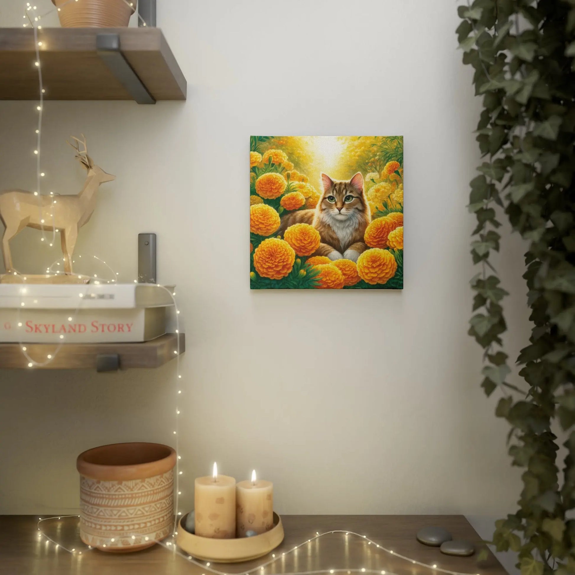 October Birthday Marigold Cat Lover Wall Art Decor - Great Birthday Gift - 8x8 Canvas Tile Print   