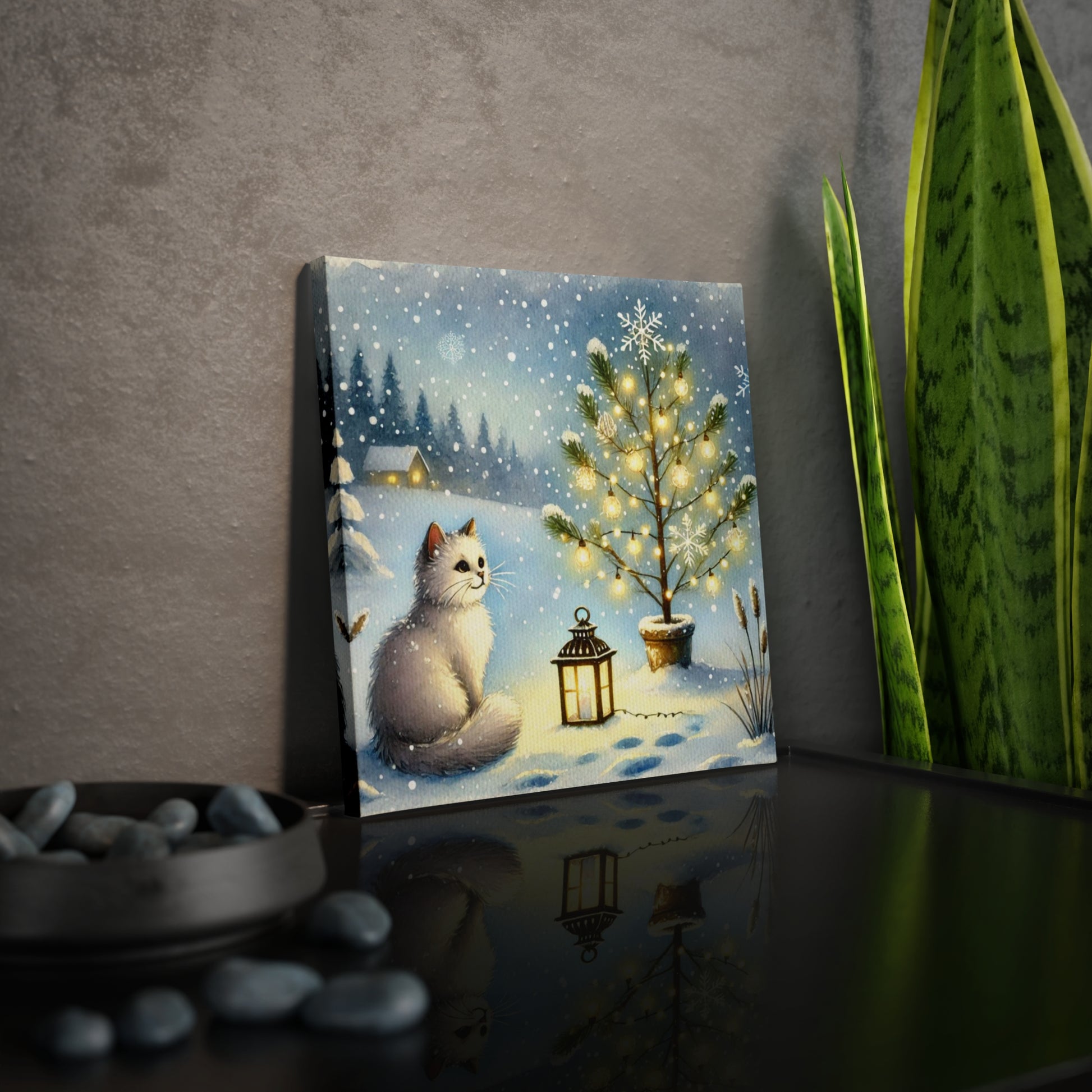 Winter Scene - White Cat Snowy Tree  - Wall Art Decor 8x8   