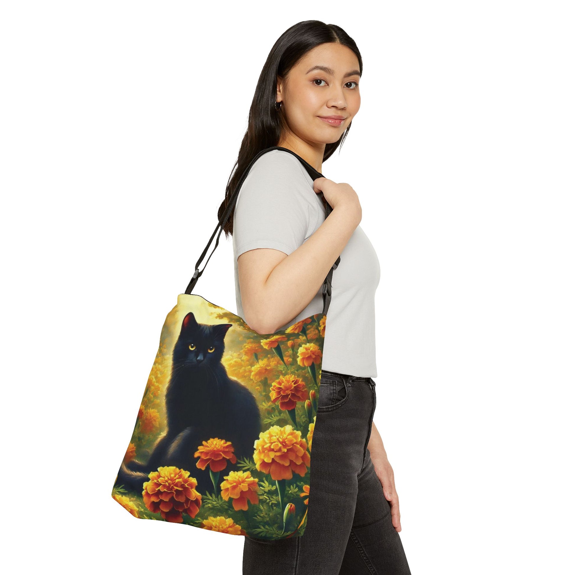 October Birth Flower - Marigolds - Cat Lover - Adjustable Strap Tote Bag   