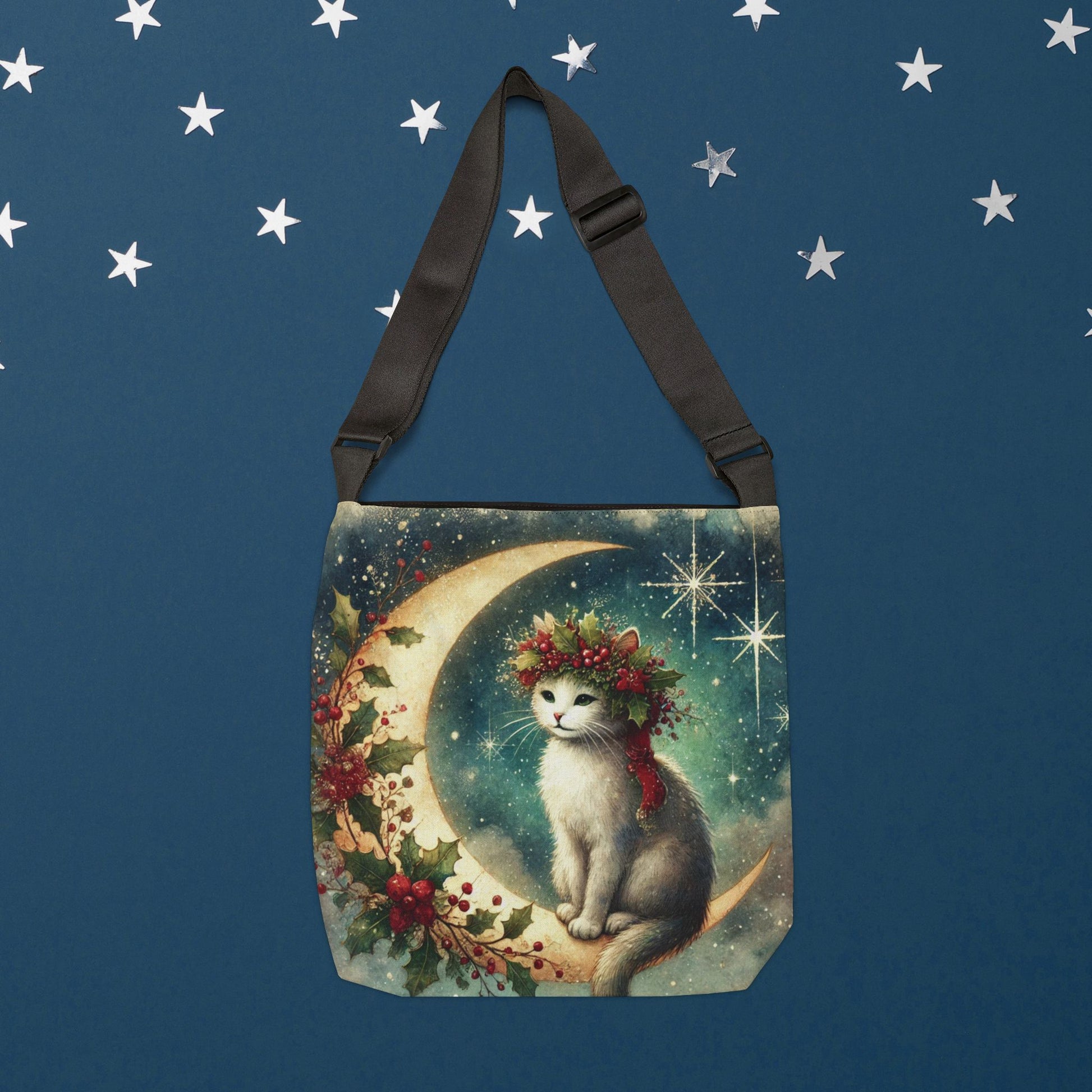 Holiday Moon - Cat Lover - Adjustable Strap Tote Bag   