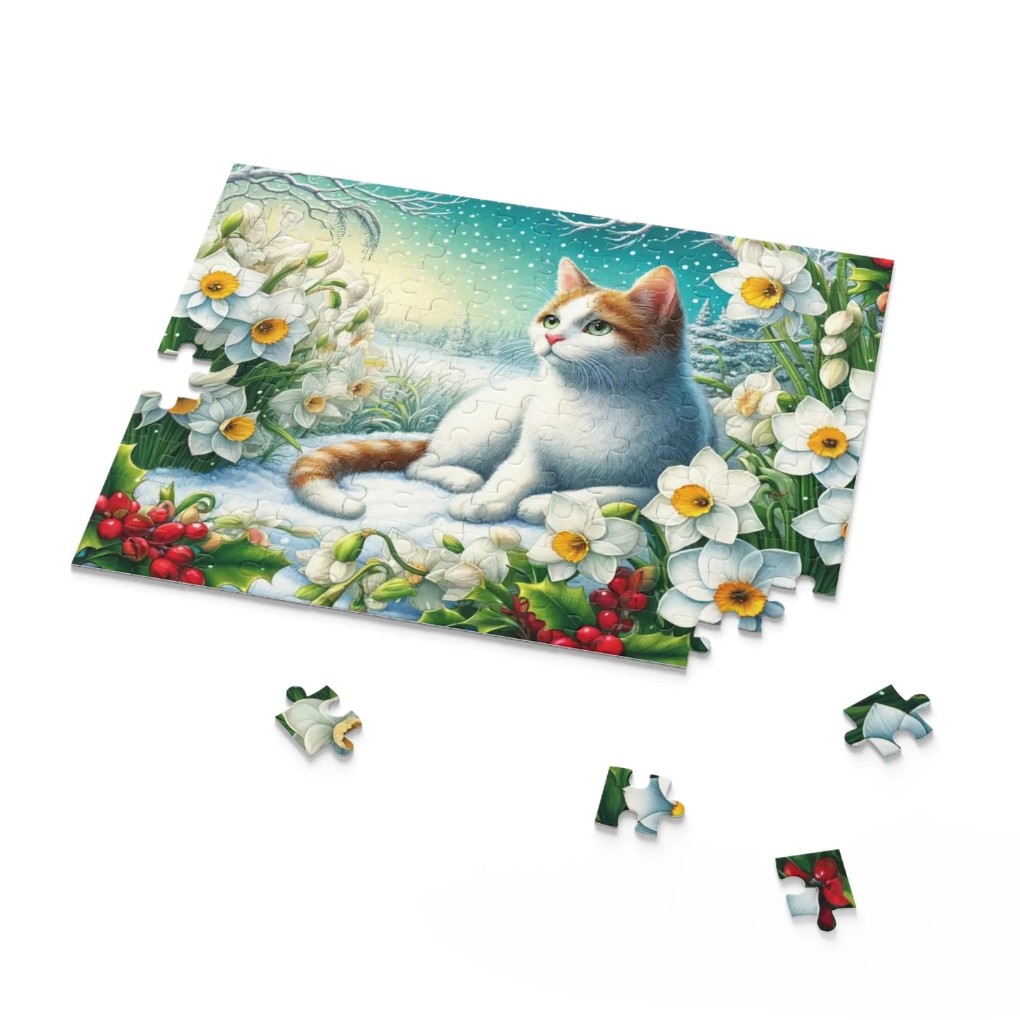 December Birth Flower Puzzle - Holly and Narcissus - Cat Lover Gift -120-piece- 252-piece- or 500-piece - Montecore PawPrints