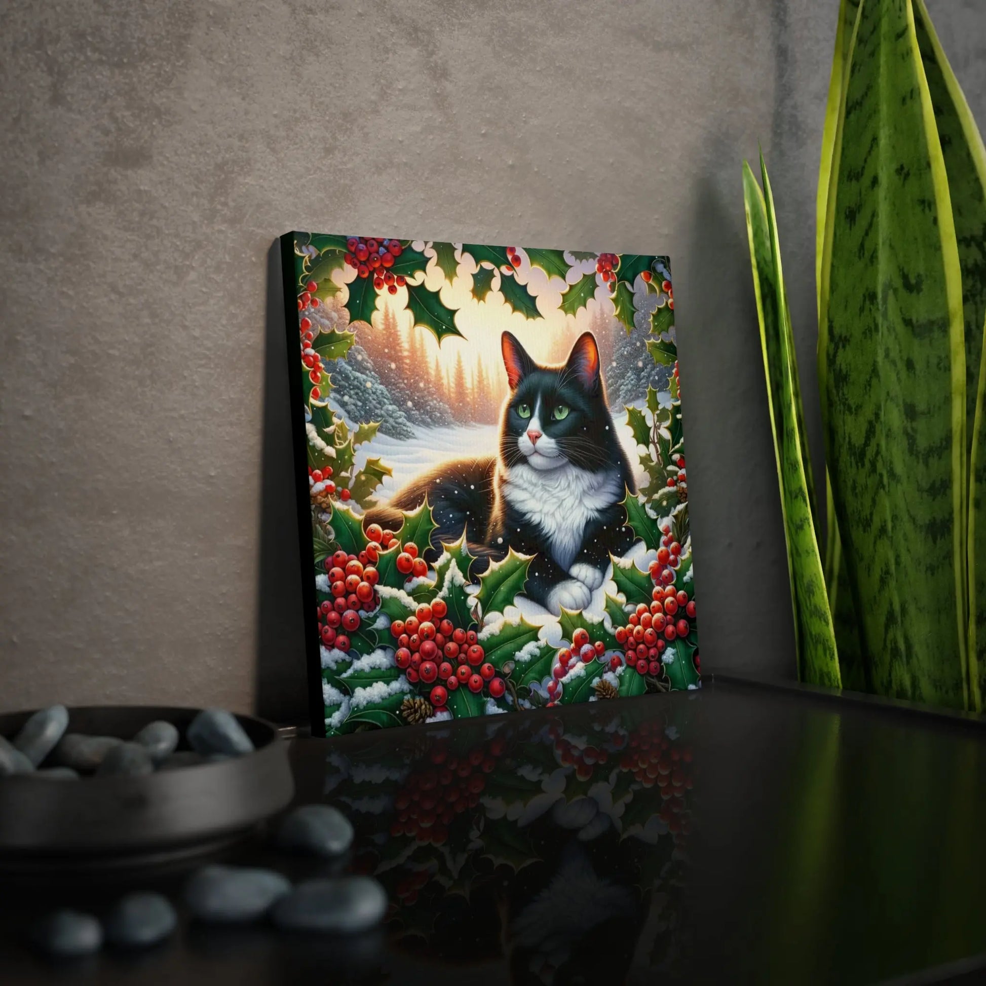 December Birthday Holly Flower Cat Lover - Wall Art Decor - Great Birthday Gift - 8x8 Canvas Tile Print   