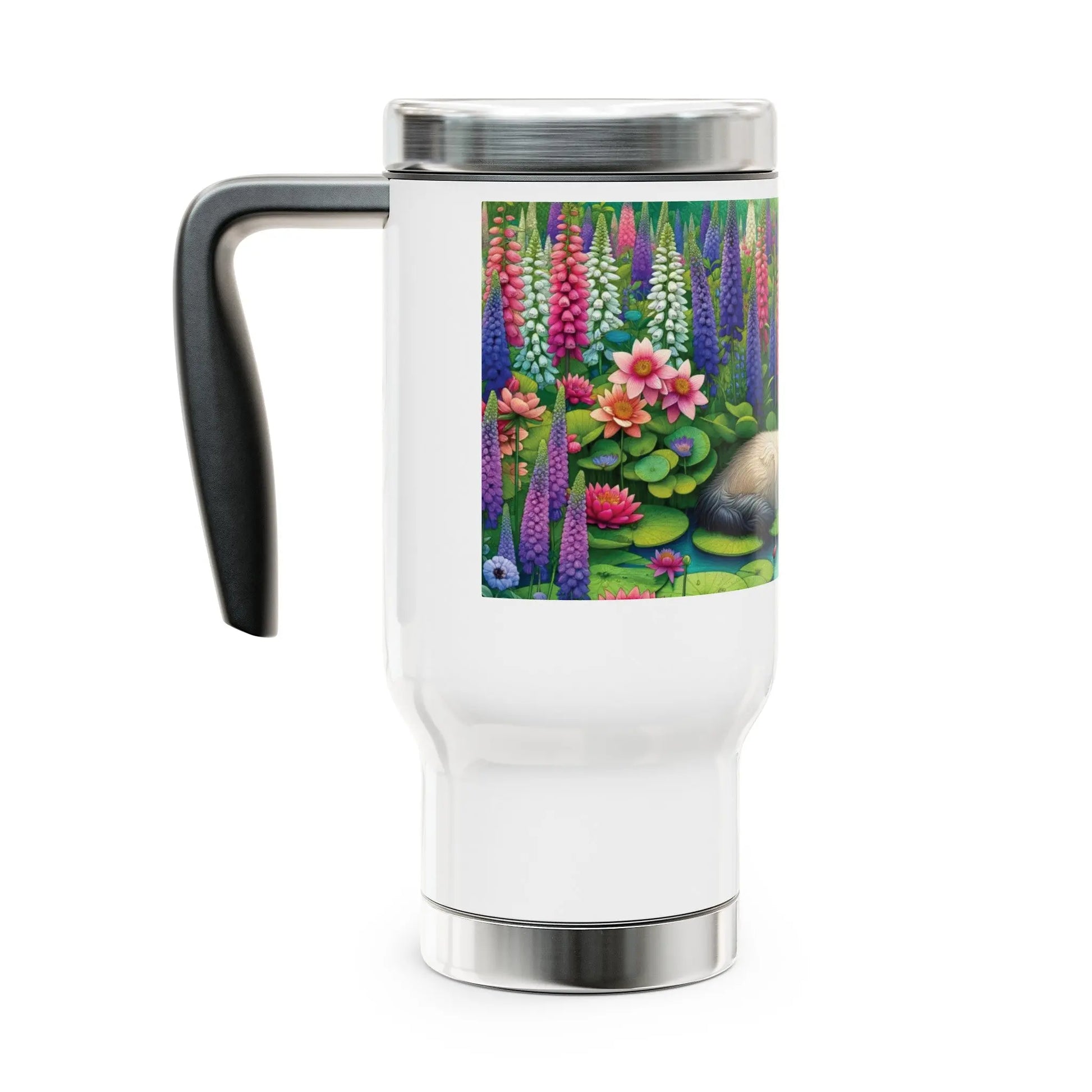 Water Lilly and Gladiolus - Cat Lover -Stainless Steel Travel Mug with Handle, 14oz   