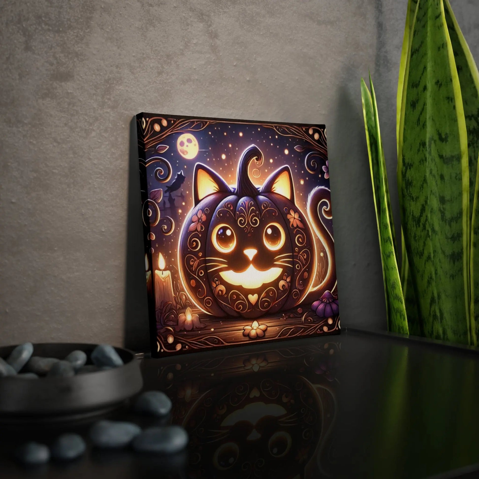 Halloween Decor - Cat Jack-O-Lattern - Cat Lover - Wall Art Decor 8x8   