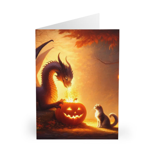 Dragon Jack-O-Lantern Lighting - Cat Lover Halloween - Blank Greeting Cards (5 Pack)   