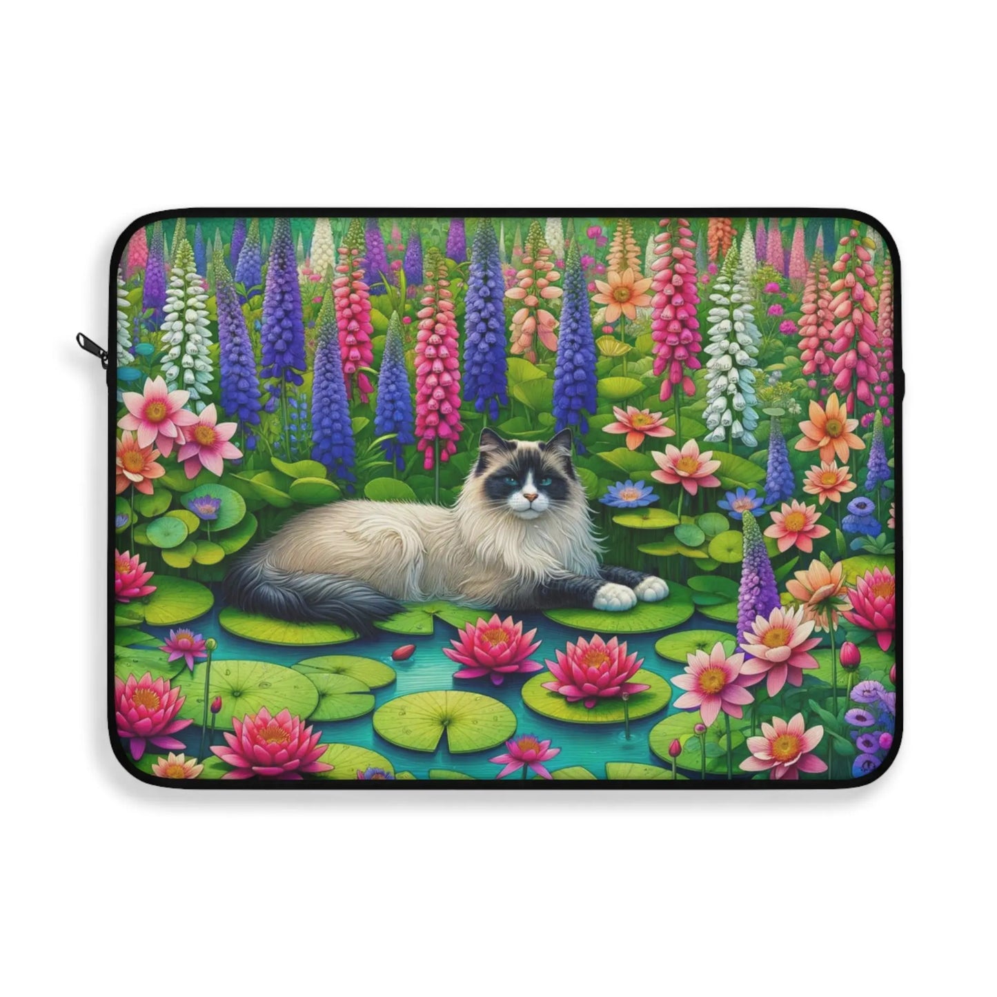 July Birth Flower - Water Lily and Larkspur - Cat Lover - Laptop Sleeve   