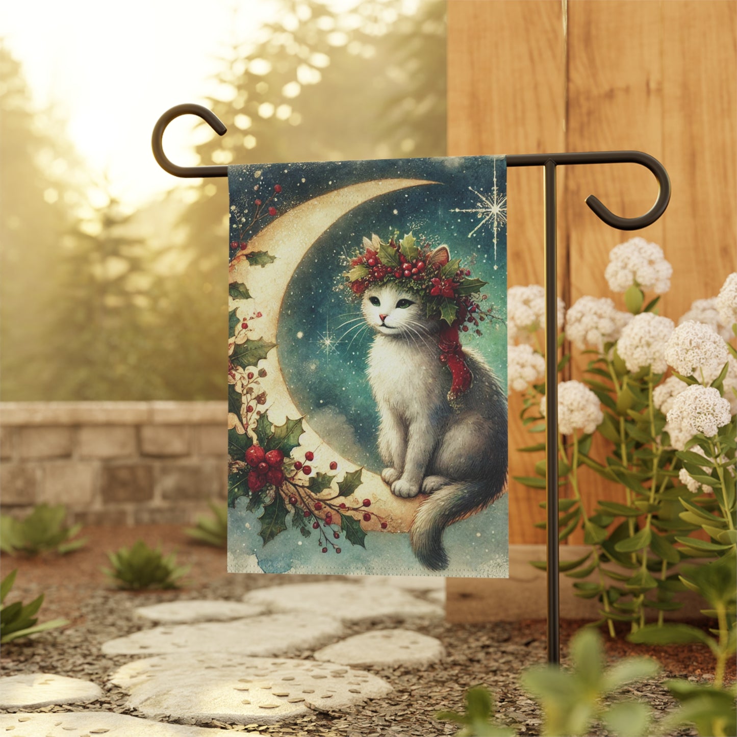 Holiday Moon - Cat Lover - Garden & House Banner - Yard Flag   