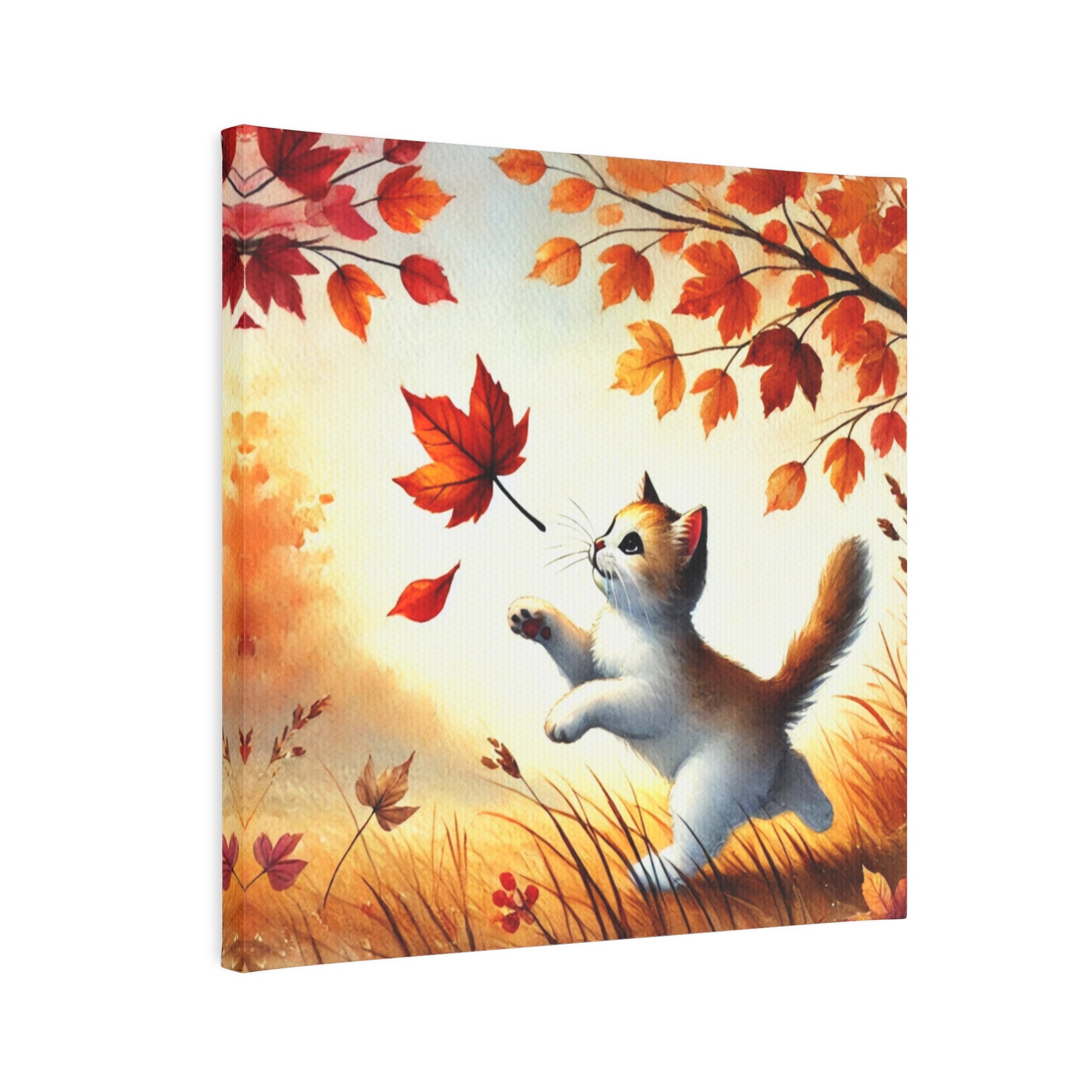 Kitten Leaf Chaser - Fall decor - Wall Art Decor 8x8   