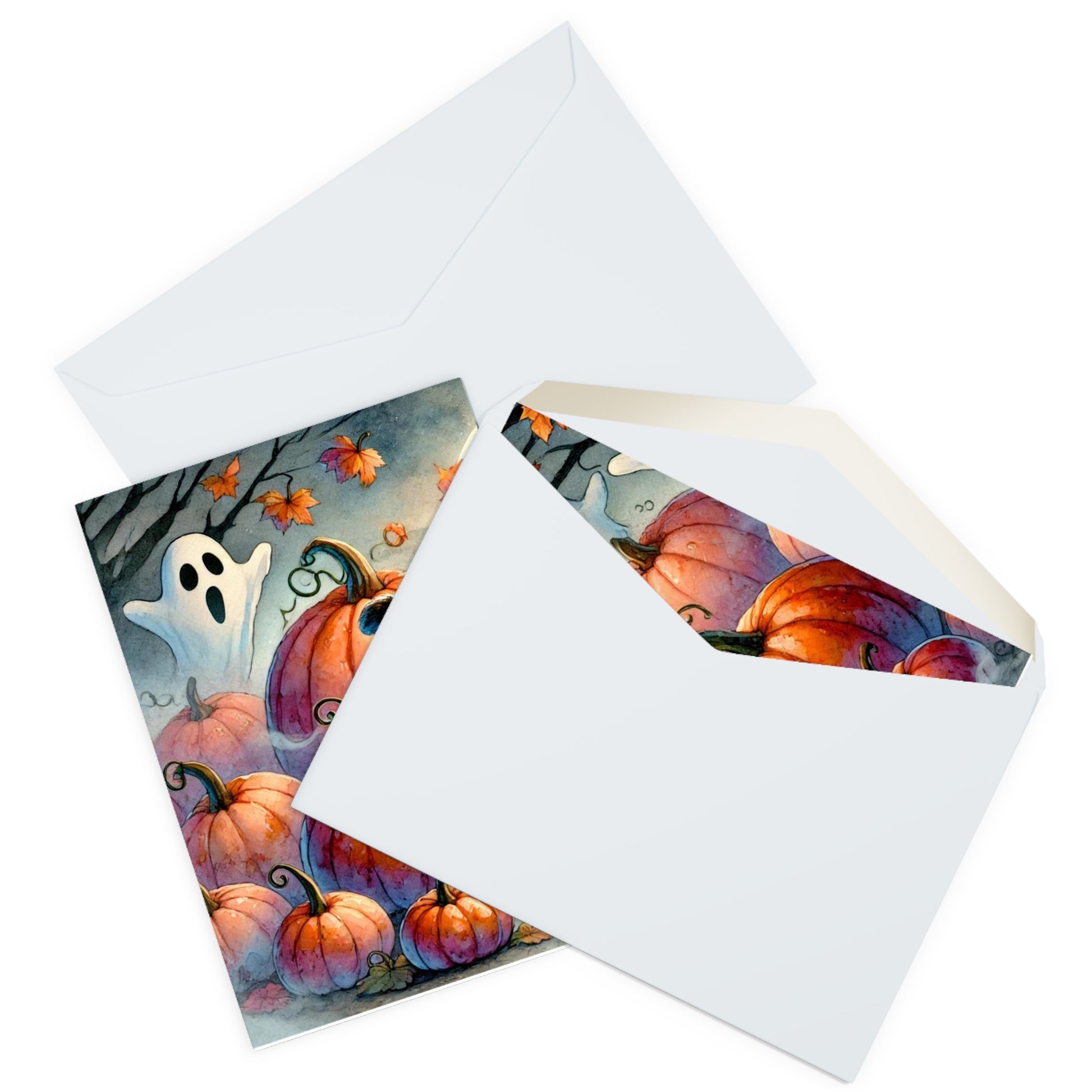 Halloween Ghost Cat in Pumpkin Patch- Blank Greeting Cards (5 Pack)   