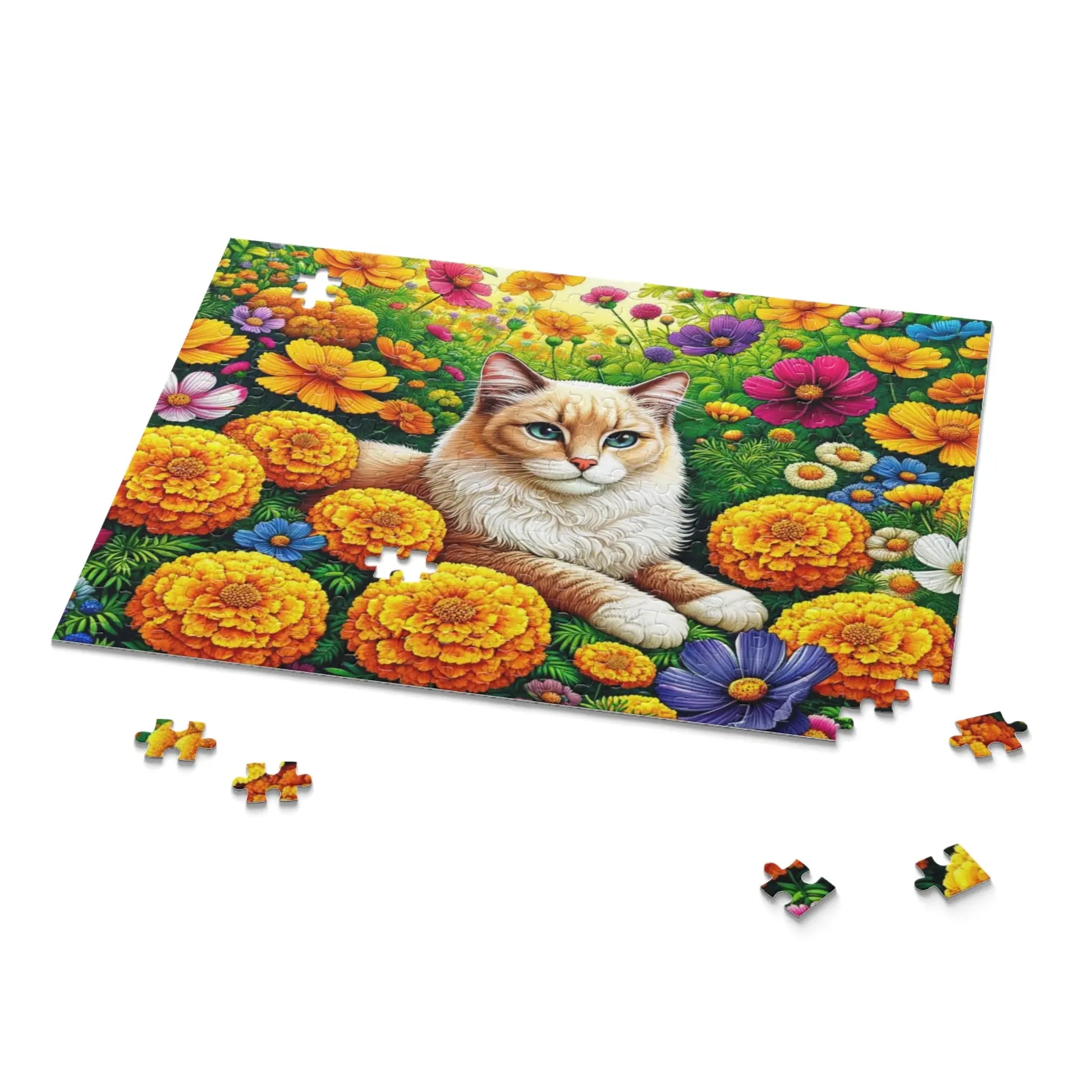 October Birth Flower Puzzle - Marigolds and Cosmos - Cat Lover Gift -  120-piece- 252-piece- or 500-piece - Montecore PawPrints