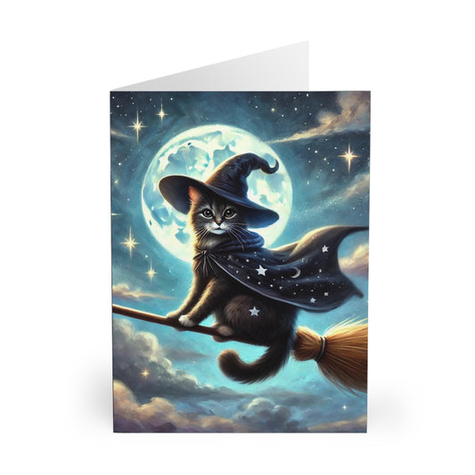 Halloween Flying Cat Witch - Blank Greeting Cards (5 Pack)   