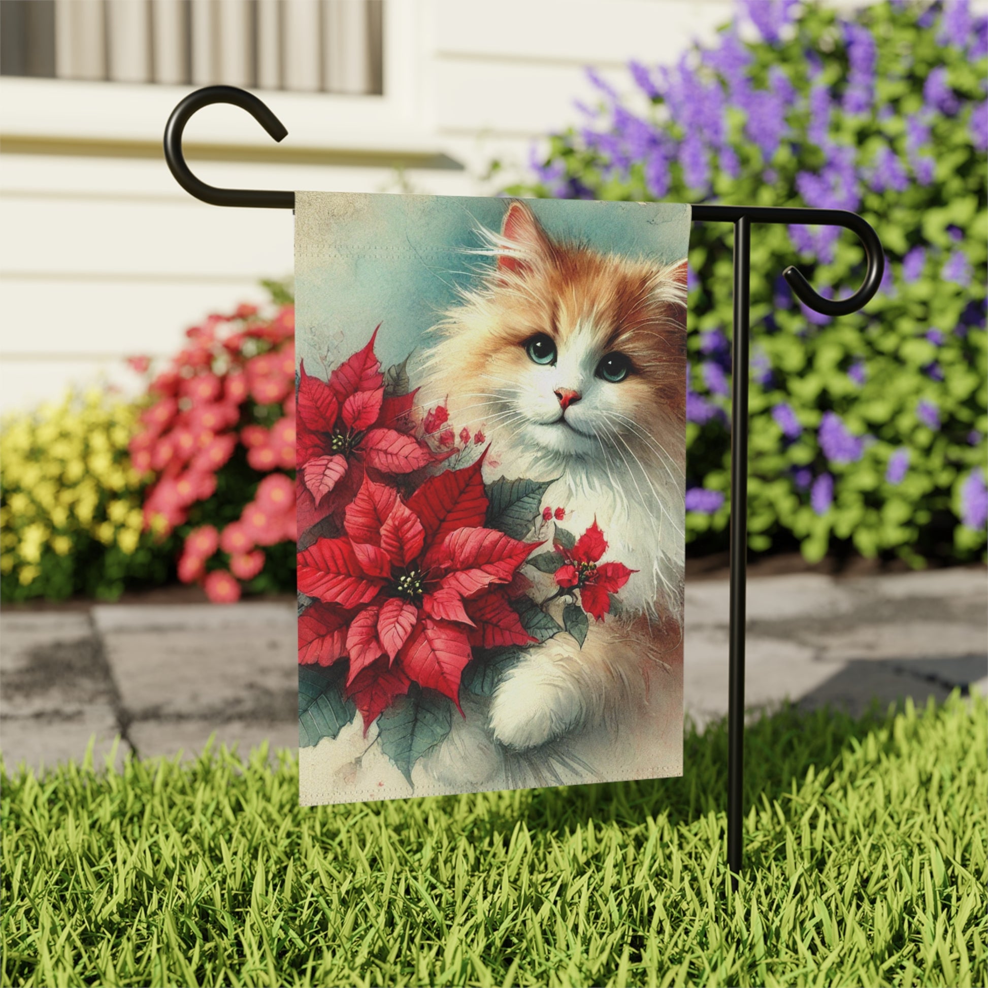 Poinsettia Bouquet - Cat Lover - Garden & House Banner - Yard Flag   