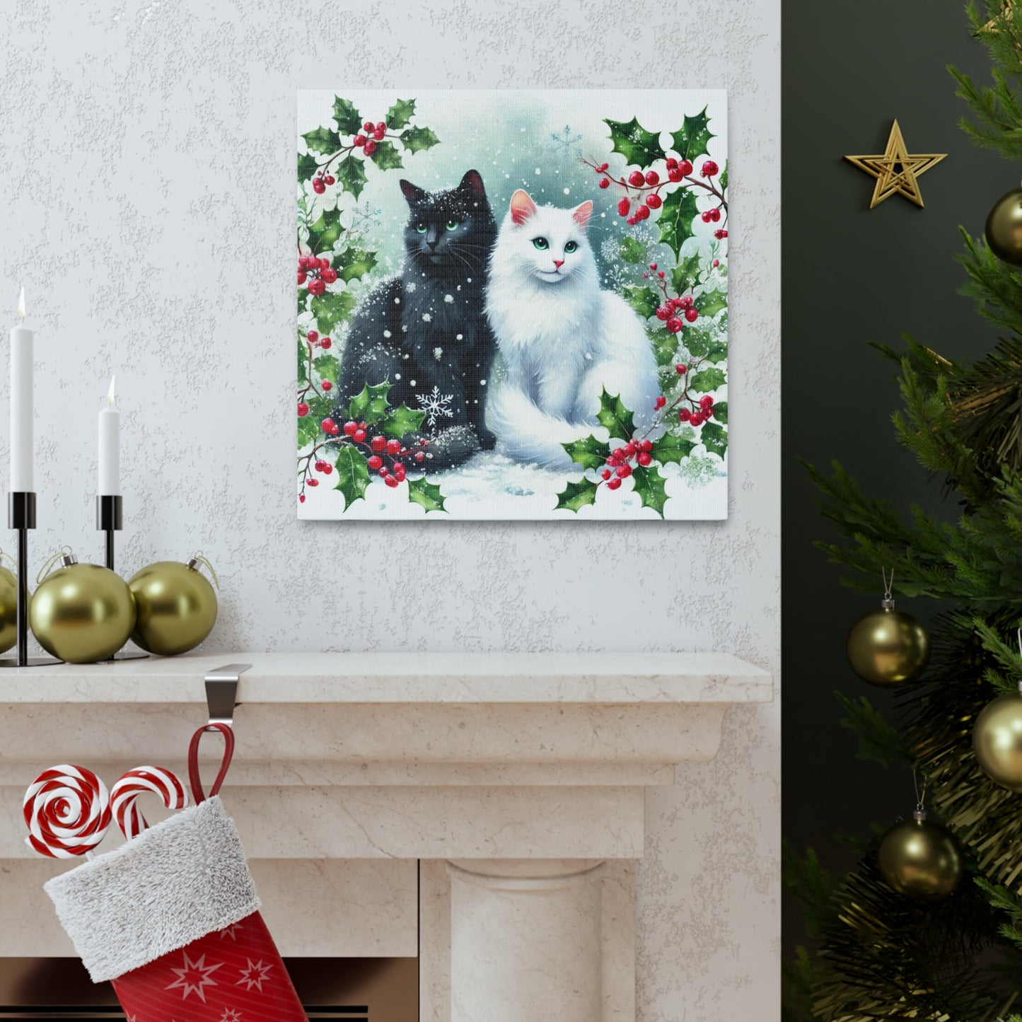 Winter Holly Hugs -  Cat Lover - Holiday Decor - Canvas Gallery Wraps   