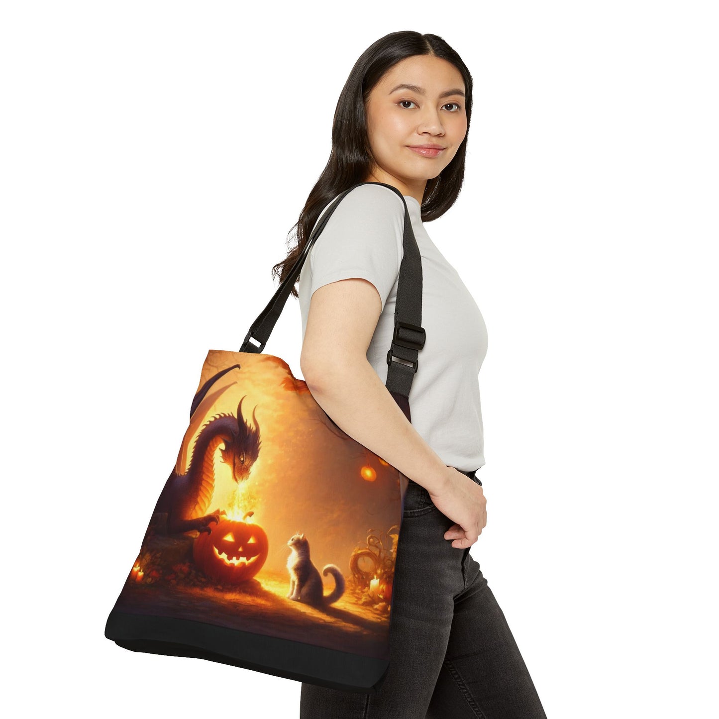 Trick or Treat Bag - Dragon Jack-O-Lantern Cat Lover Halloween - Adjustable Tote Bag (AOP)   