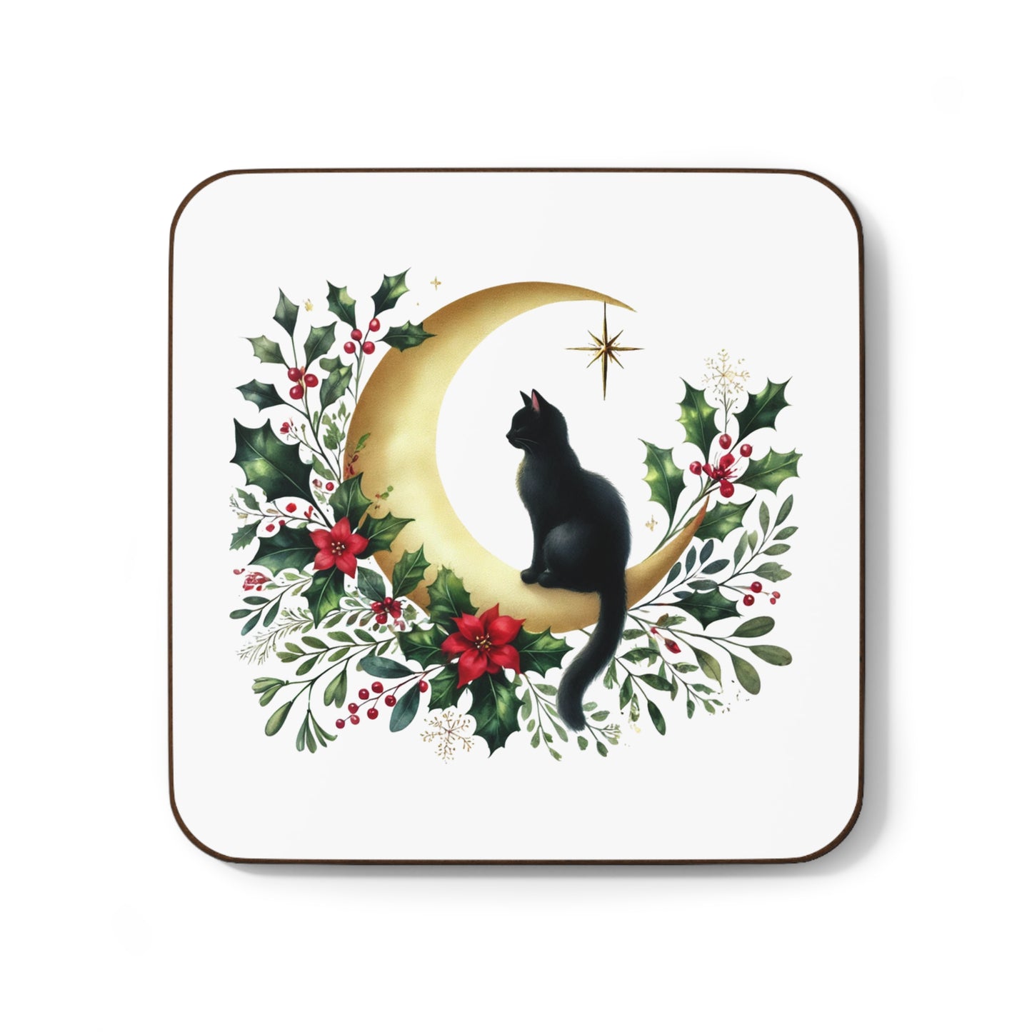 Winter Moon - Cat lover - Hardboard Back Coaster   