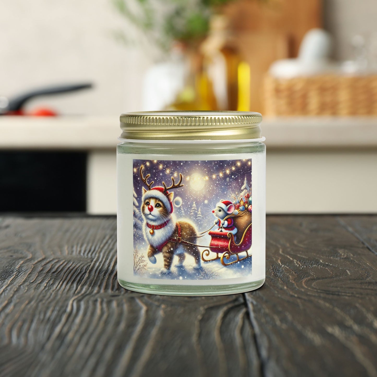 Santa Mouse- Cat Reindeer - Christmas Decor - Scented Coconut Apricot Candles 4oz   