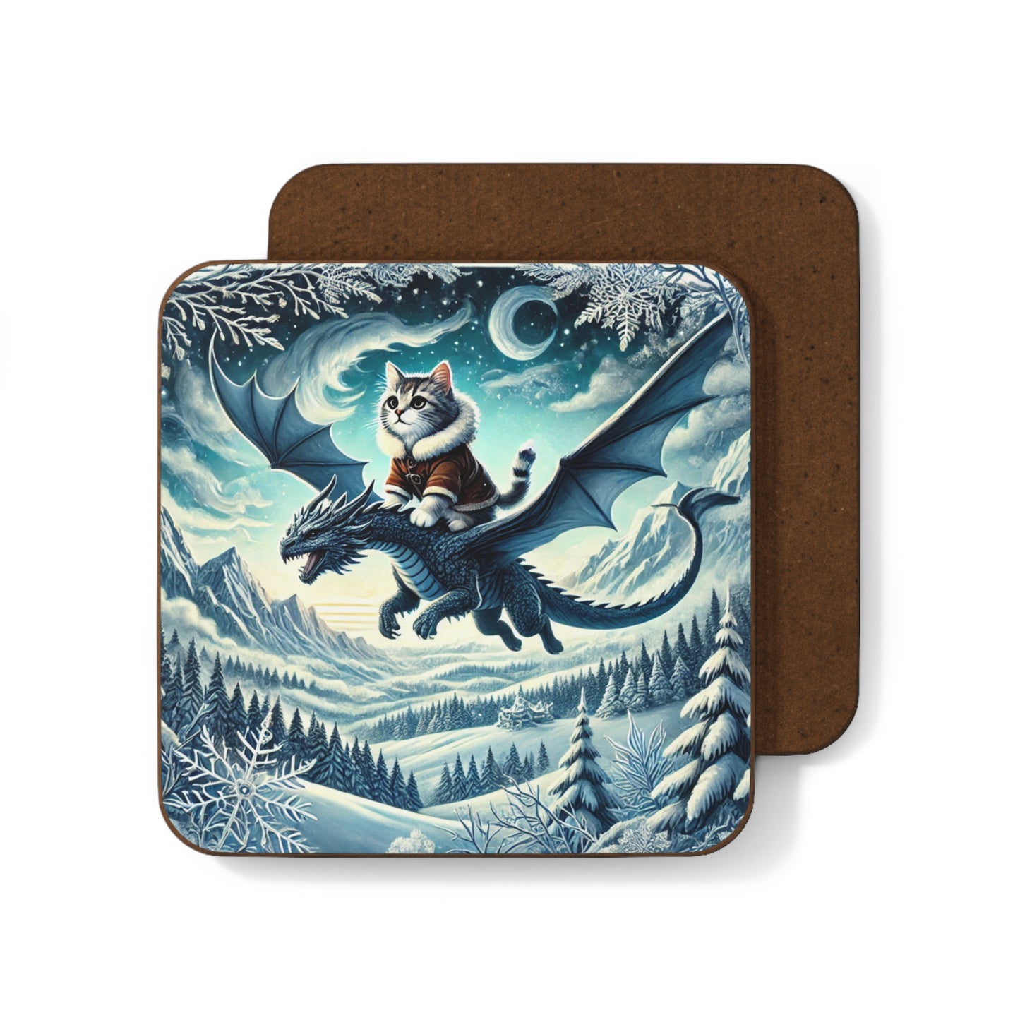 Winter Dragon Flight - Cat lover - Hardboard Back Coaster   