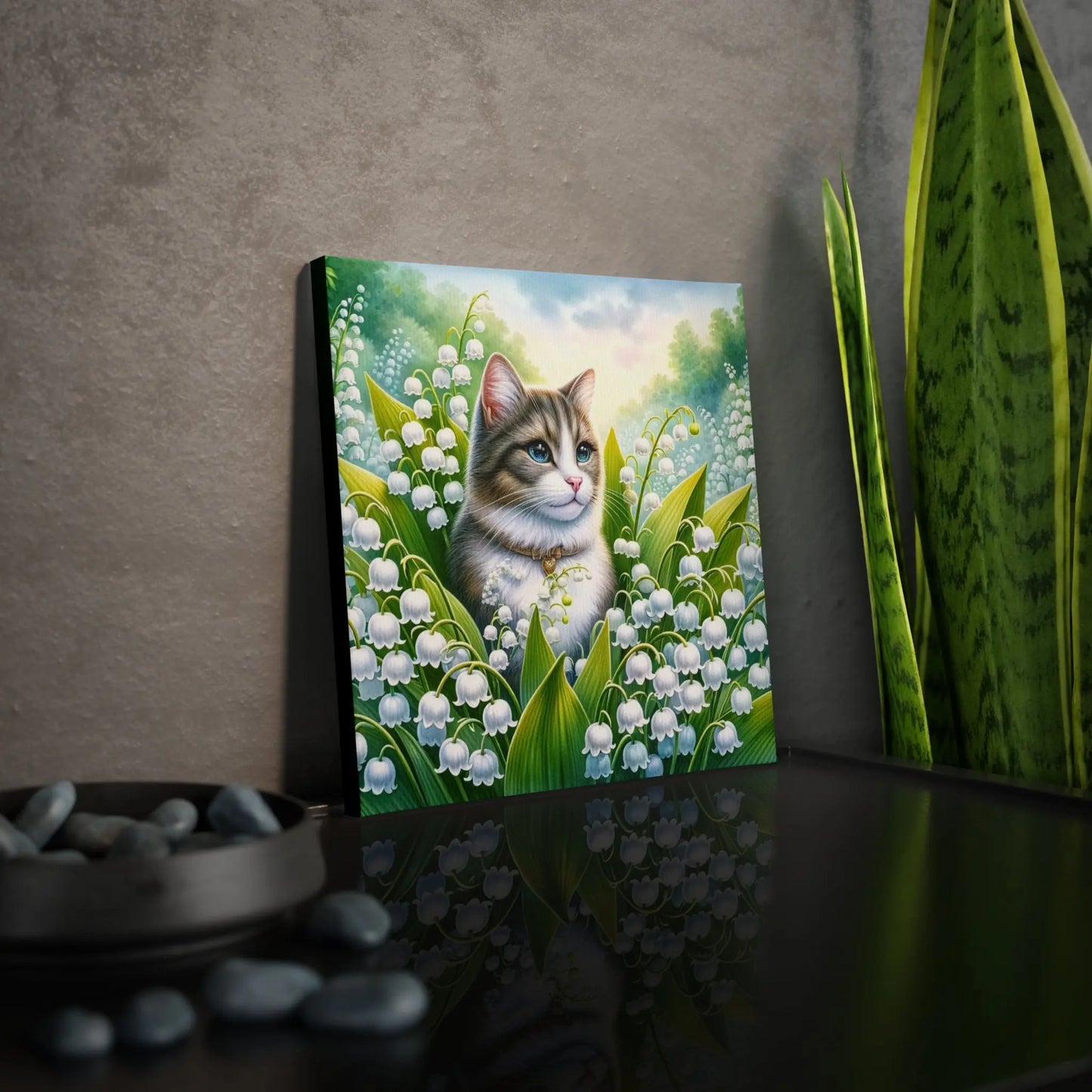 May Birthday Lilly of the Valley Cat Lover Wall Art Decor - Great Birthday Gift - 8x8 Canvas Tile Print - Montecore PawPrints