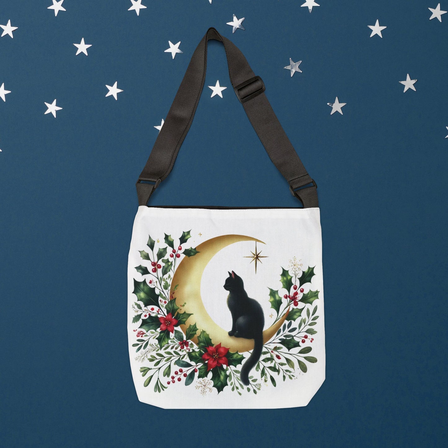 Winter Moon - Cat Lover - Adjustable Strap Tote Bag   