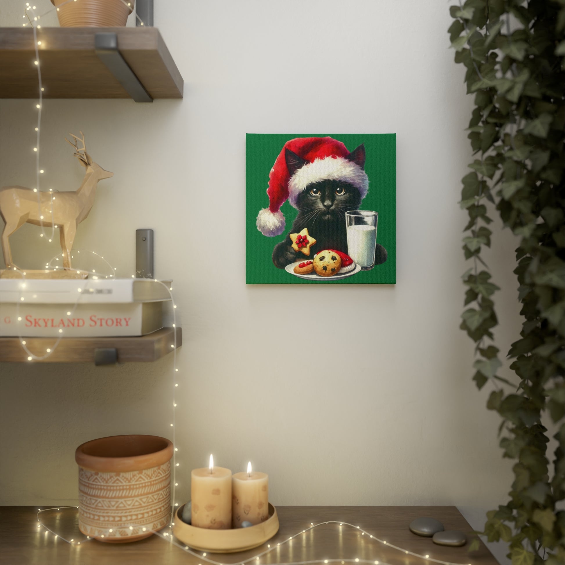 Santa Hat and Cookies - Black Cat Lover - Christmas Wall Art Decor   