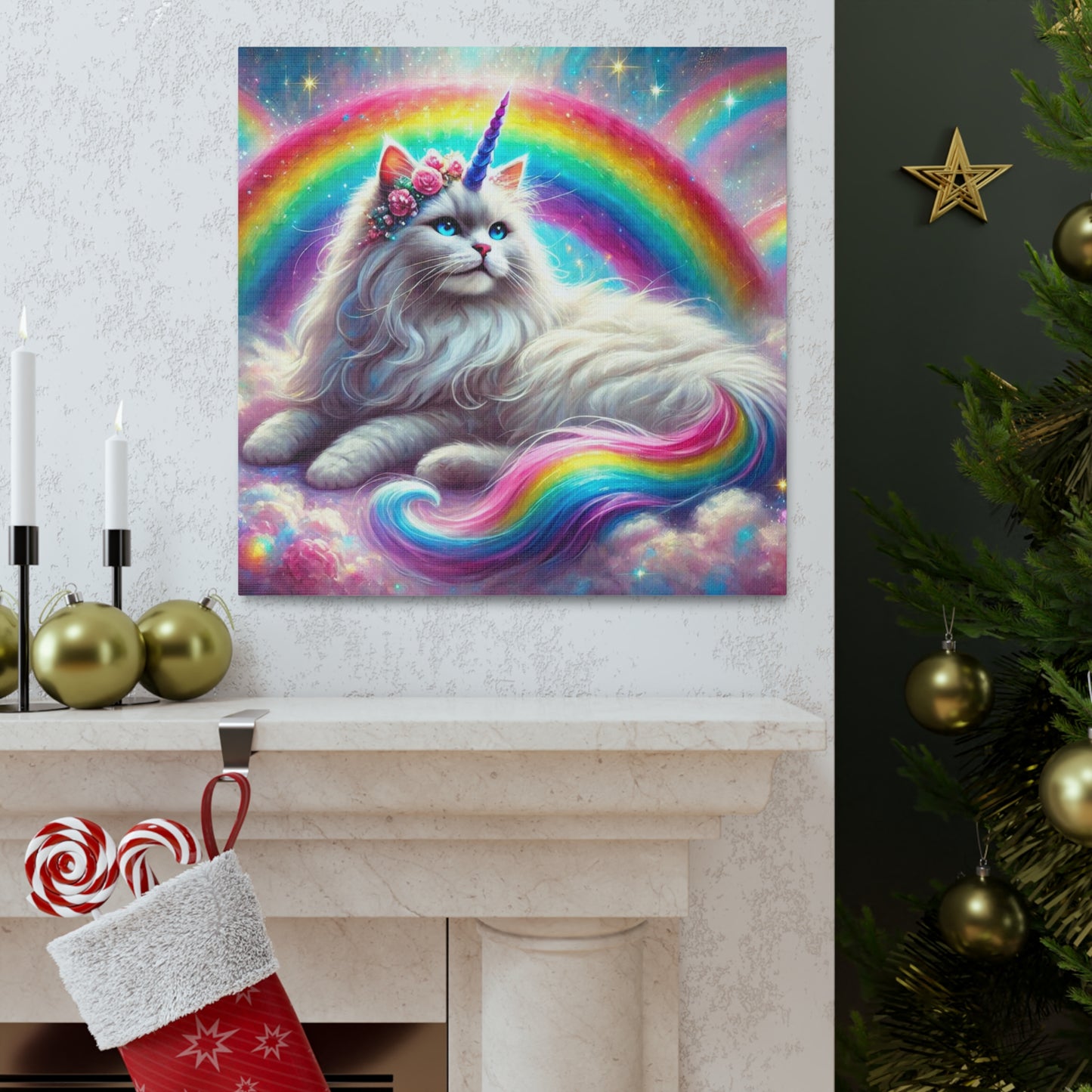 Magical Caticorn - Cat Unicorn - Rainbow Decor - Canvas Gallery Wraps - 3 Sizes   