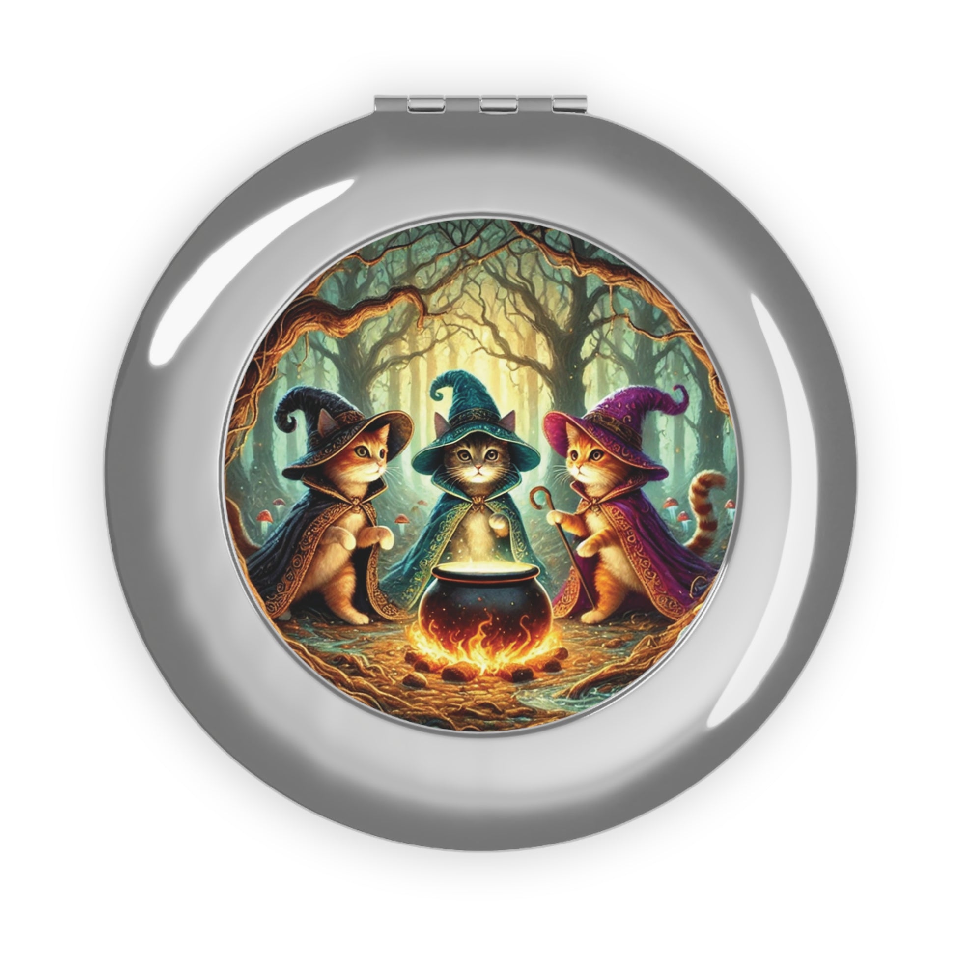 Cat Witches Cauldron - Compact Travel Mirror - Halloween Accessory   