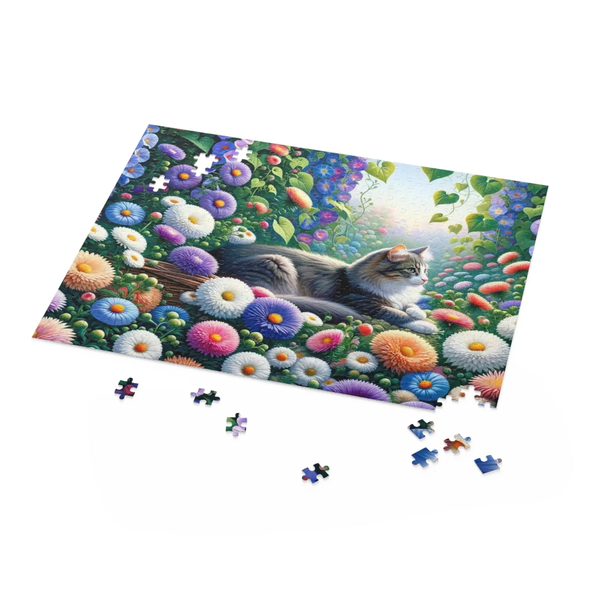 September Birth Flower Puzzle - Asters and Morning Glories - Cat Lover Gift -120-piece- 252-piece- or 500-piece - Montecore PawPrints