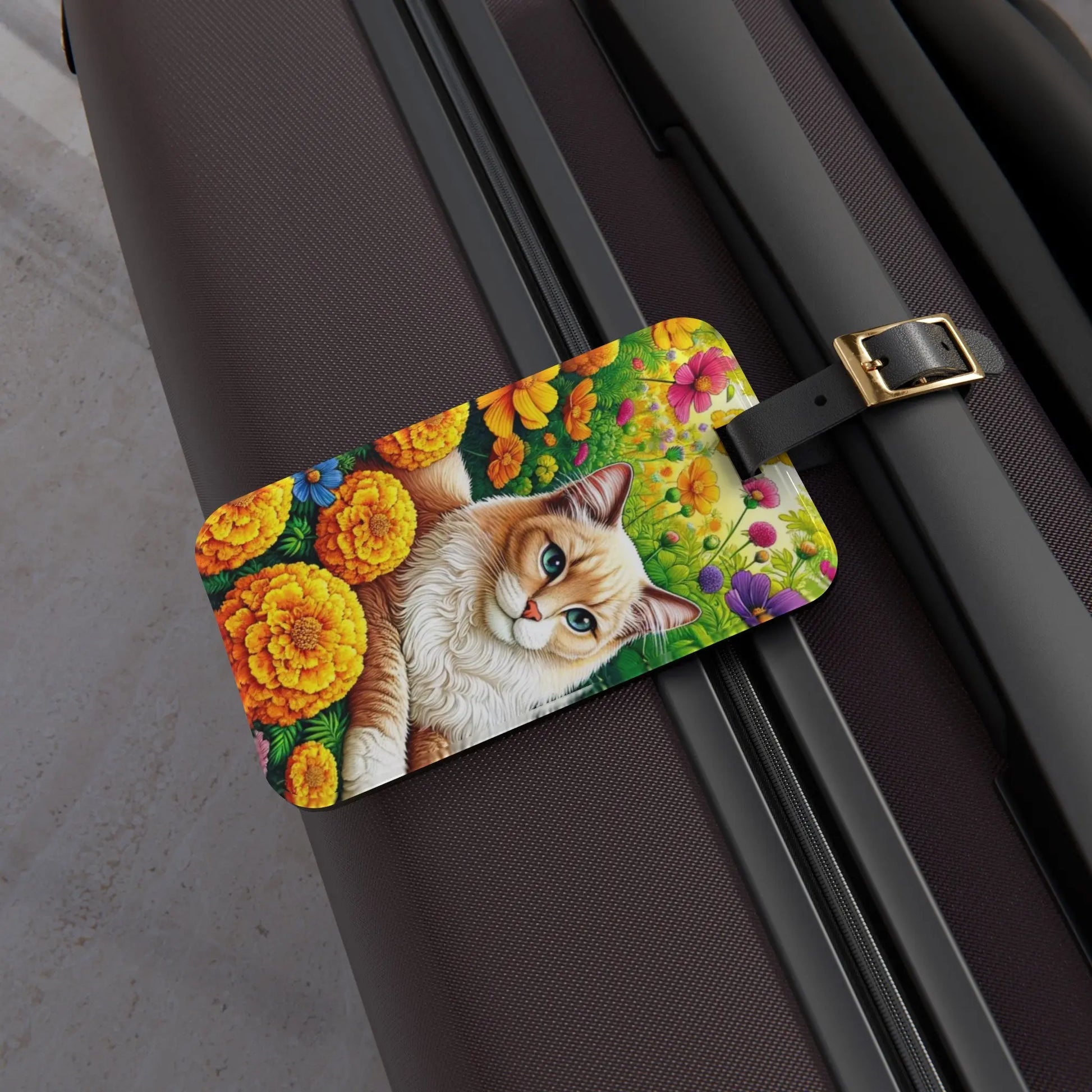 October Birth Flower - Marigolds and Cosmos - Cat Lover - Luggage Tag - Montecore PawPrints