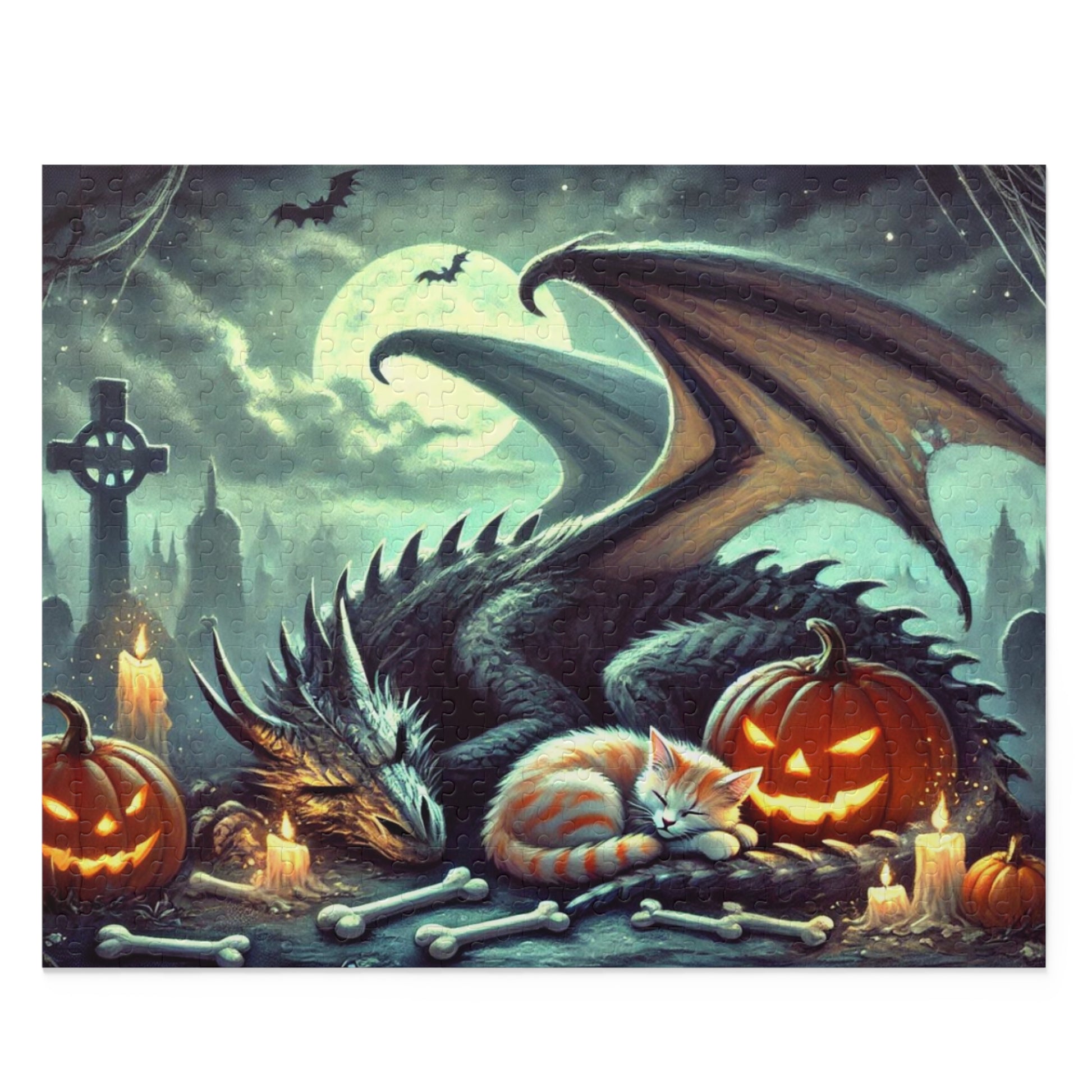 Fantasy Dragon and Cat Halloween Puzzle - Gift 120, 252, or 500 -piece options   