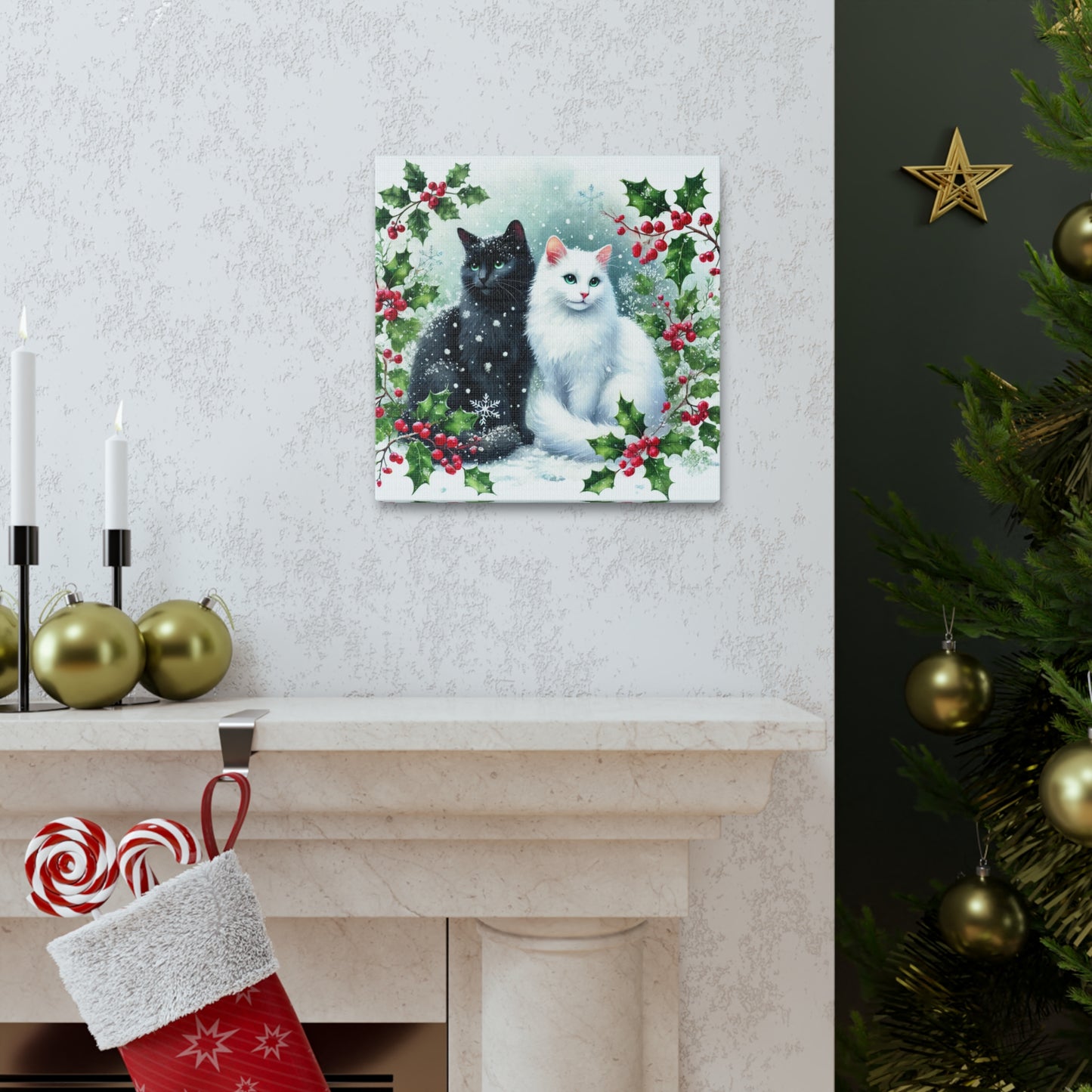 Winter Holly Hugs -  Cat Lover - Holiday Decor - Canvas Gallery Wraps   