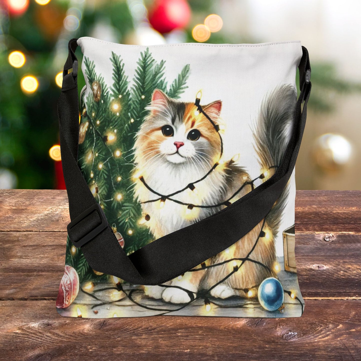 Kitty Christmas Lights - Cat Lover - Adjustable Strap Tote Bag   