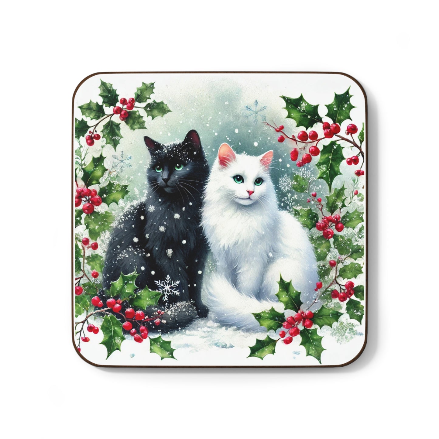 Winter Holly Hugs - Cat lover - Hardboard Back Coaster   