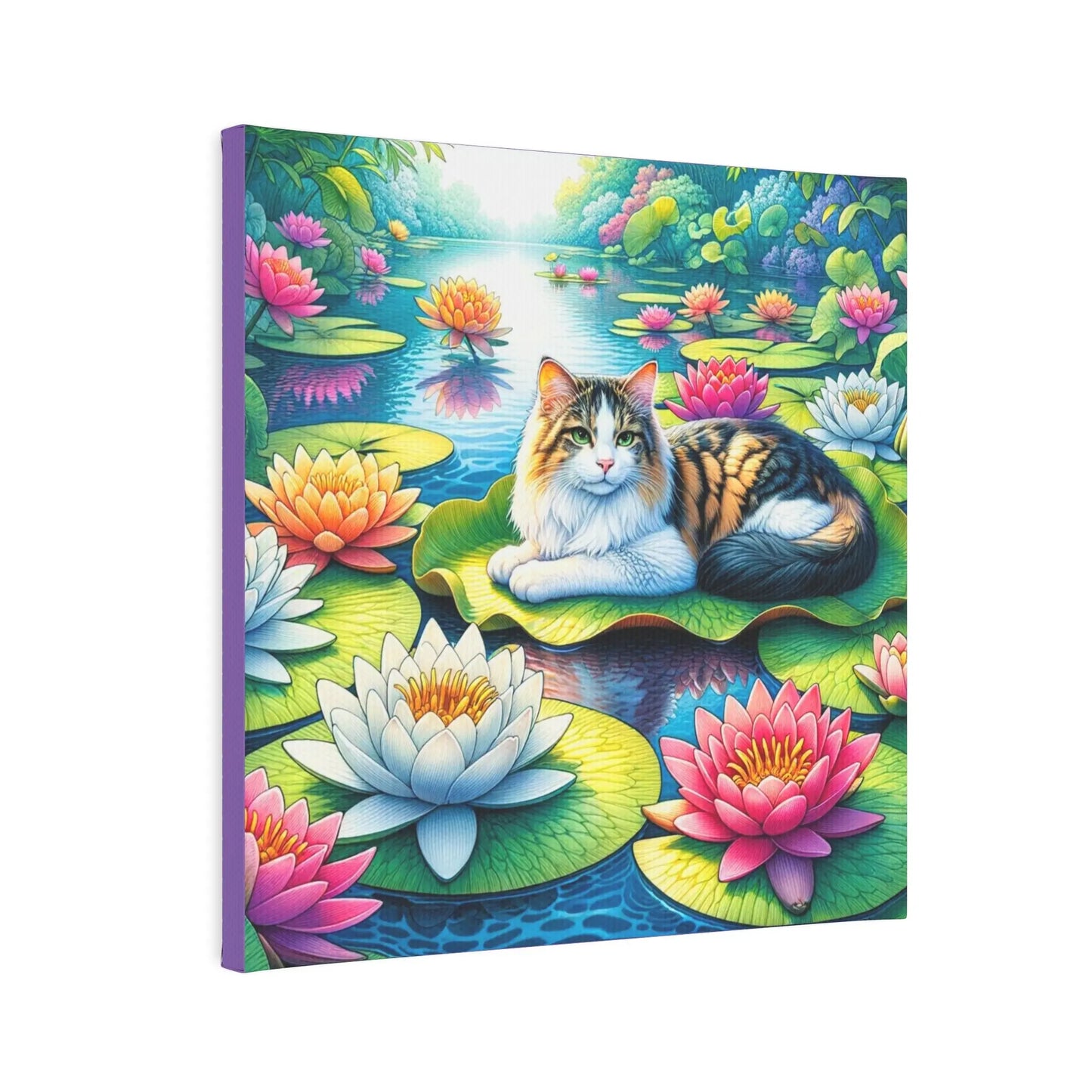 July Birthday Water Lilly Cat Lover Wall Art Decor - Great Birthday Gift - 8 x 8 Canvas Tile Print - Montecore PawPrints