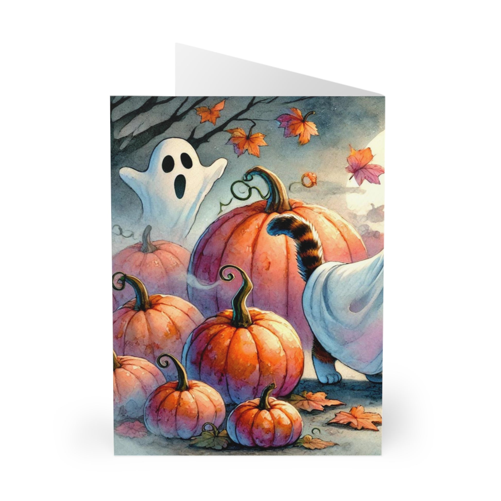 Halloween Ghost Cat in Pumpkin Patch- Blank Greeting Cards (5 Pack)   